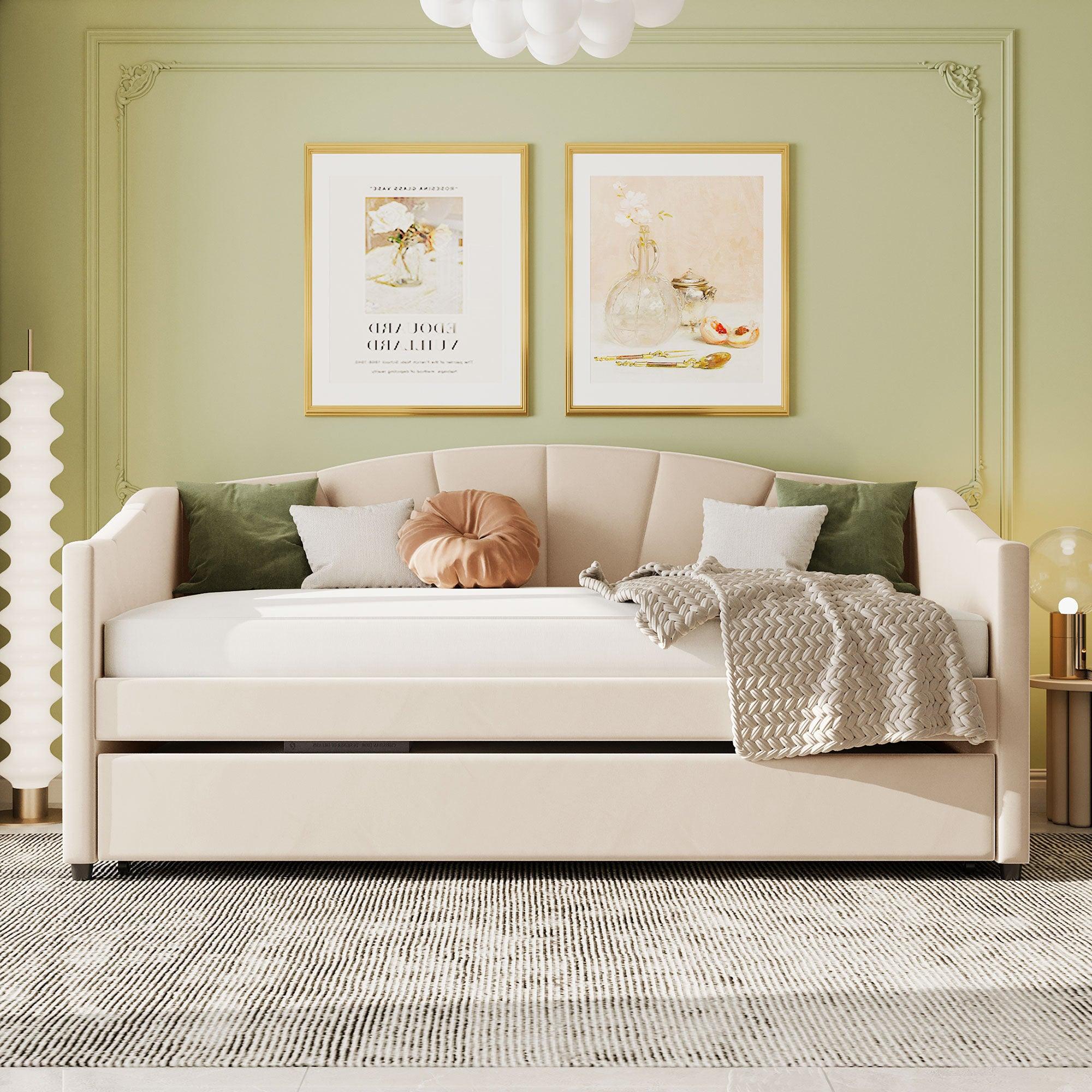 🆓🚛 Upholstered Daybed Sofa Bed Twin Size With Trundle Bed & Wood Slat, Beige