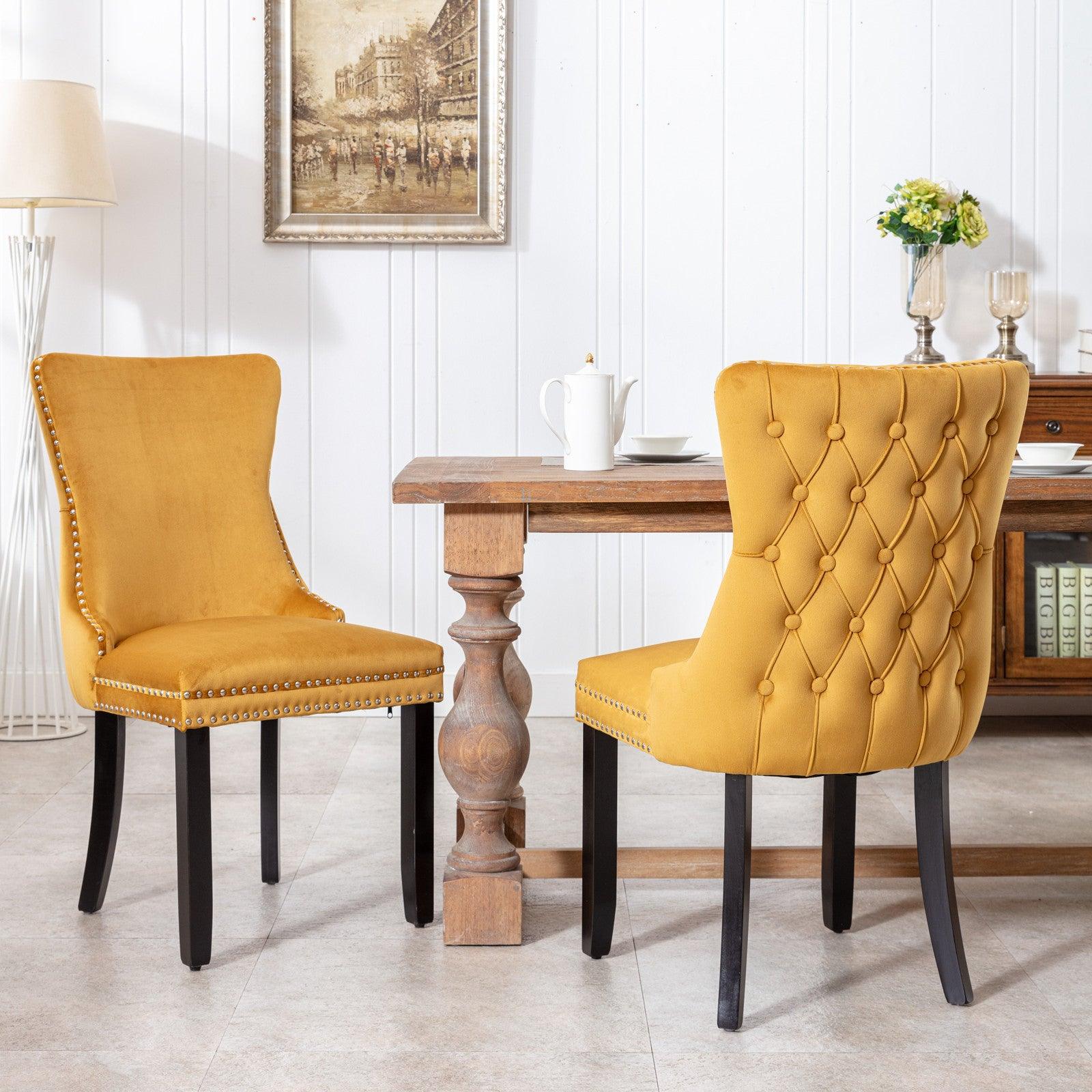 🆓🚛 Upholstered Wing-Back Dining Chair With Backstitching Nailhead Trim & Solid Wood Legs, Set Of 2, Golden