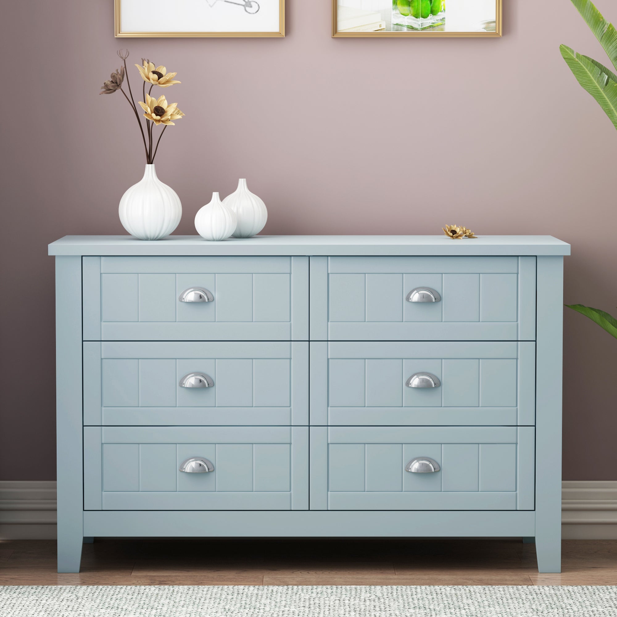 🆓🚛 Drawer Dresser Bar Cabinet Side Cabinet, Buffet Sideboard, Buffet Service Counter, Solid Wood Frame, Plasticdoor Panel, Retro Shell Handle, Applicable To Dining Room, Living Room, Kitchen Corridor, Blue-Gray