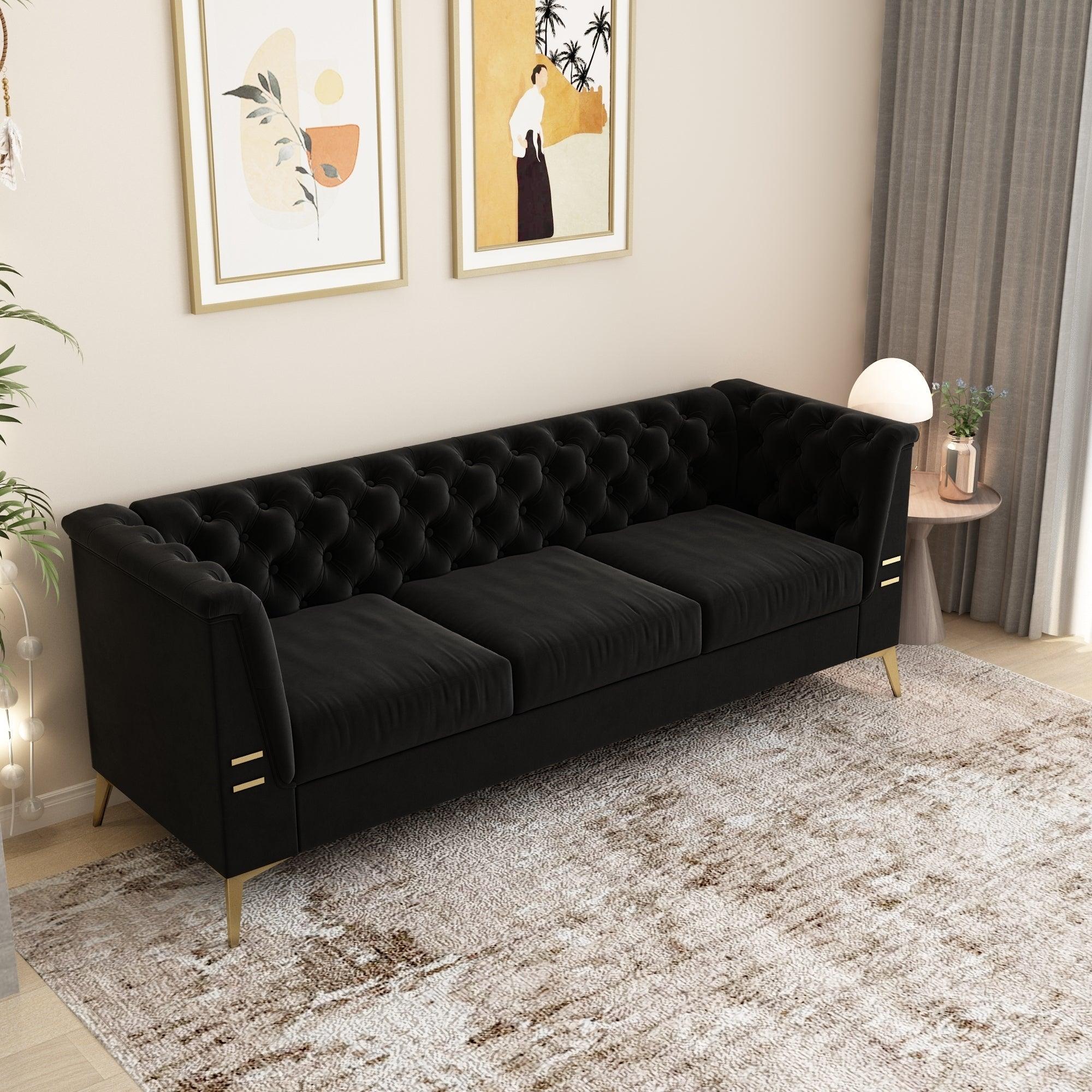 🆓🚛 82.7" 3 Seat Classic Chesterfield Pu Sofa With Metal Sofa Legs, Blending Style & Tradition, Black