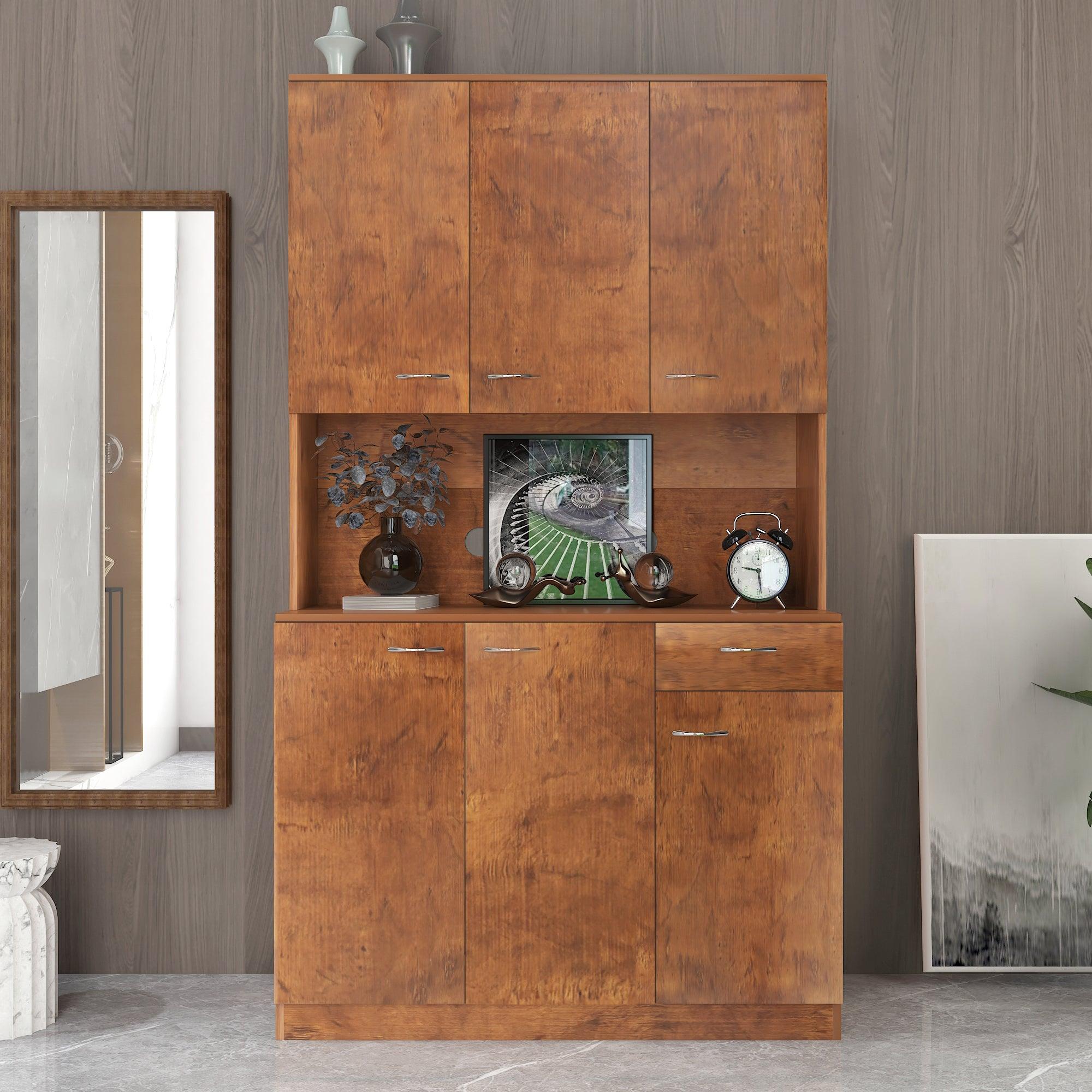 70.87" Tall Wardrobe& Kitchen Cabinet, With 6-Doors, 1-Open Shelves And 1-Drawer For Bedroom, Walnut