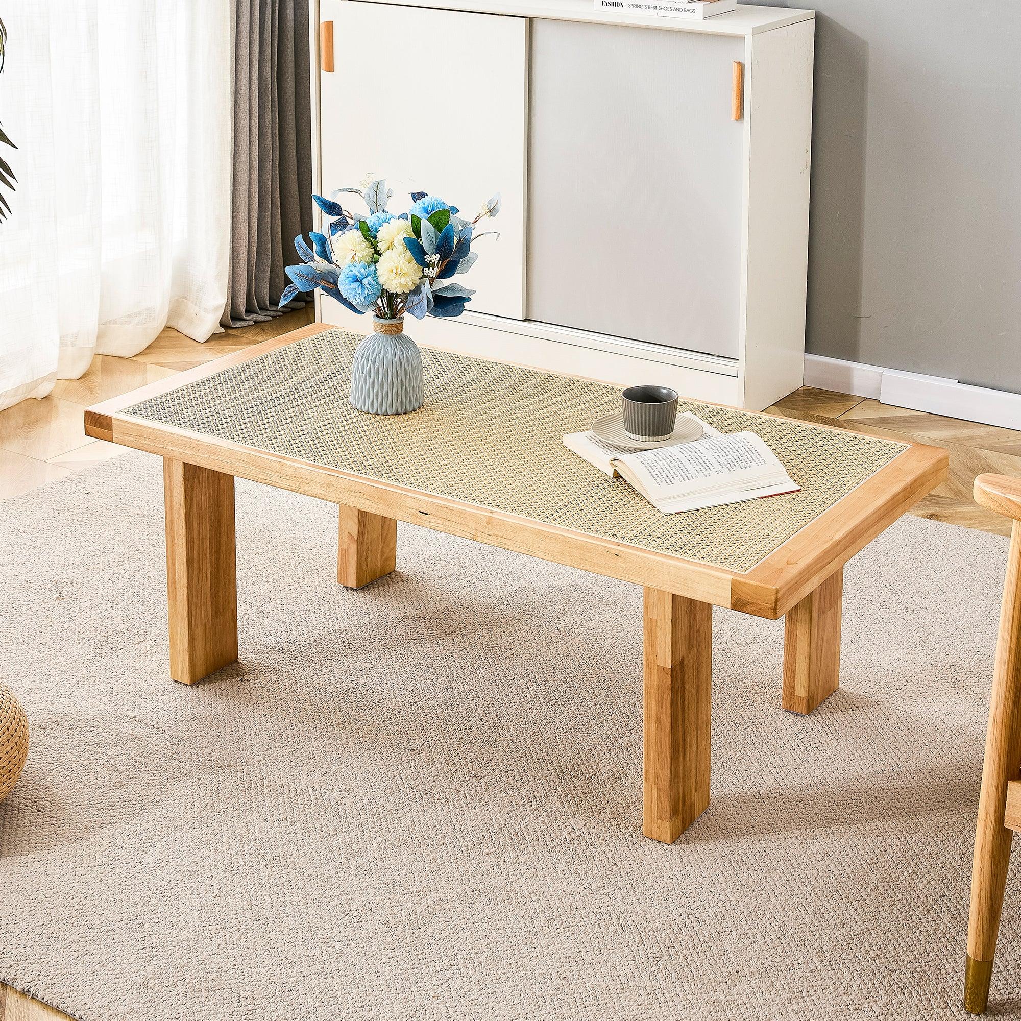 🆓🚛 Modern & Minimalist Rectangular Rattan Tabletop With Rubber Wooden Legs, Imitation Rattan Woven Chinese Side Table