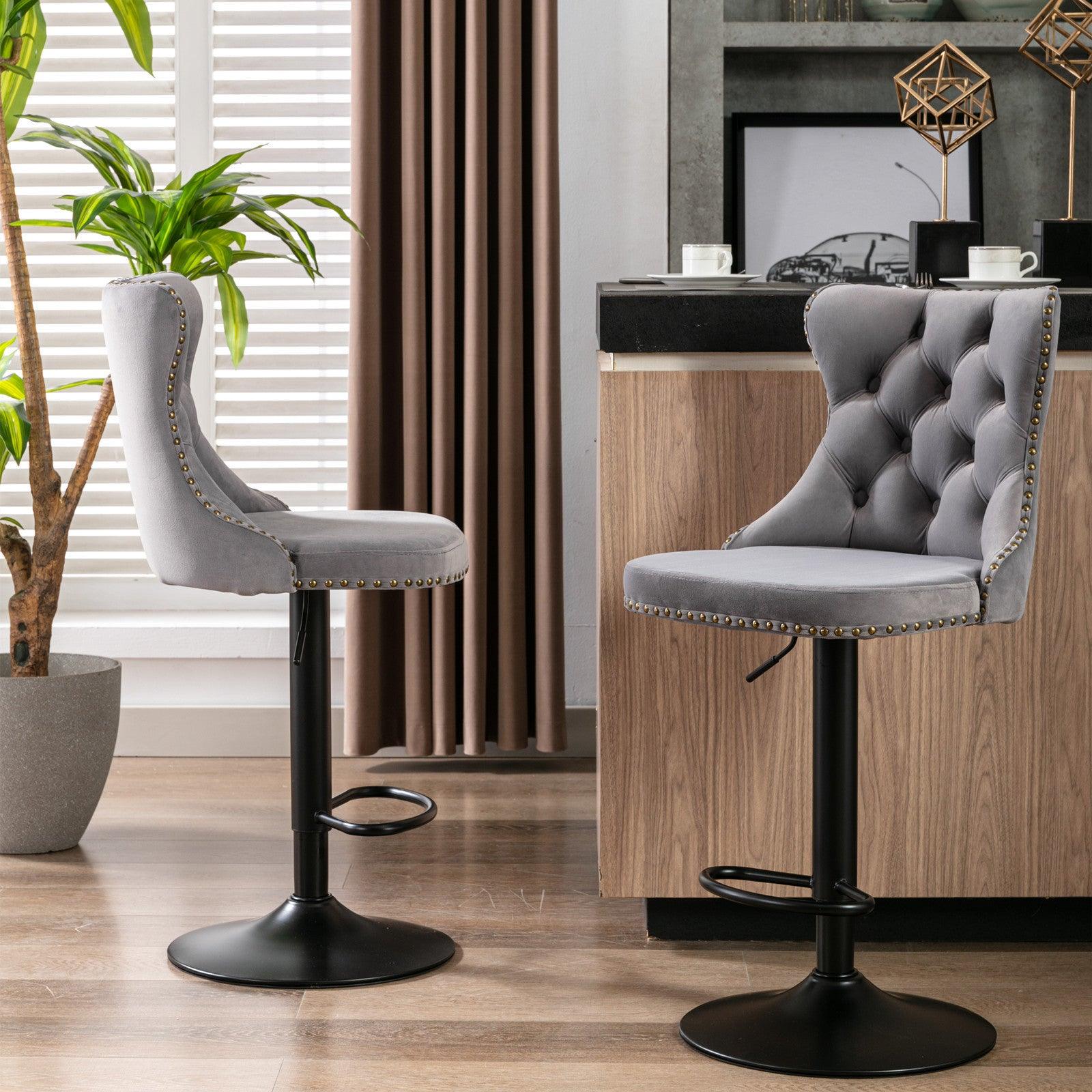 🆓🚛 Swivel Velvet Barstools Adjusatble Seat Height From 25-33 Inch, Modern Upholstered Bar Stools With Backs Comfortable Tufted for Home Pub & Kitchen Island（Gray, Set Of 2）