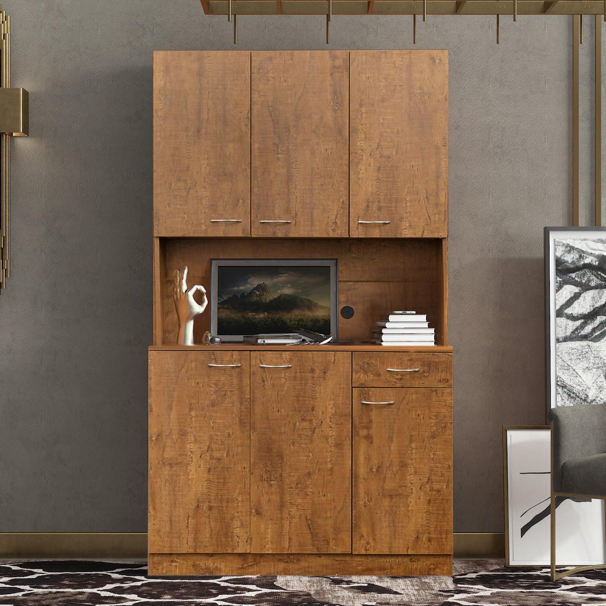 70.87" Tall Wardrobe& Kitchen Cabinet, With 6-Doors, 1-Open Shelves And 1-Drawer For Bedroom, Walnut