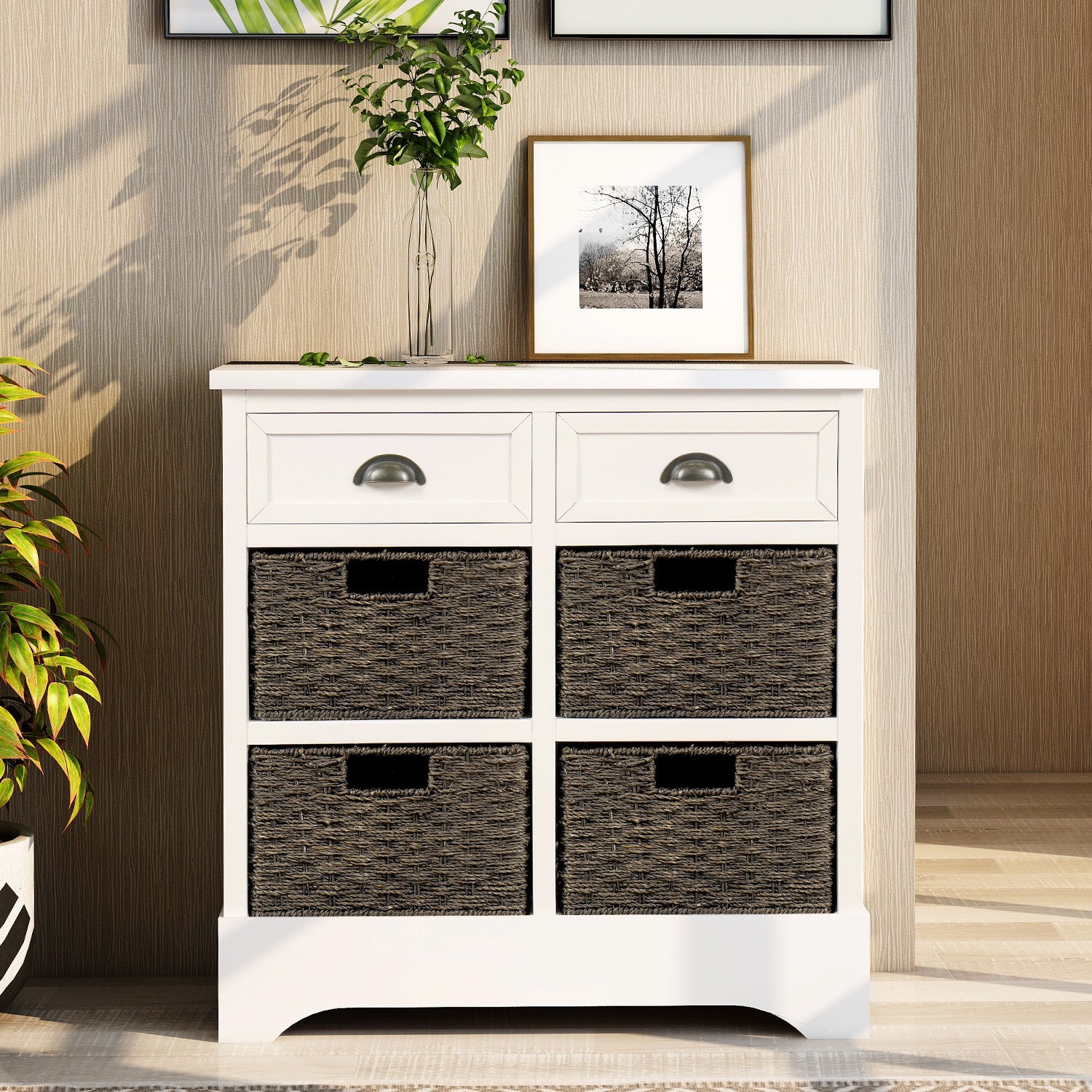 🆓🚛 Rustic Storage Cabinet With Two Drawers and Four Classic Rattan Basket for Dining Room/Living Room (White)