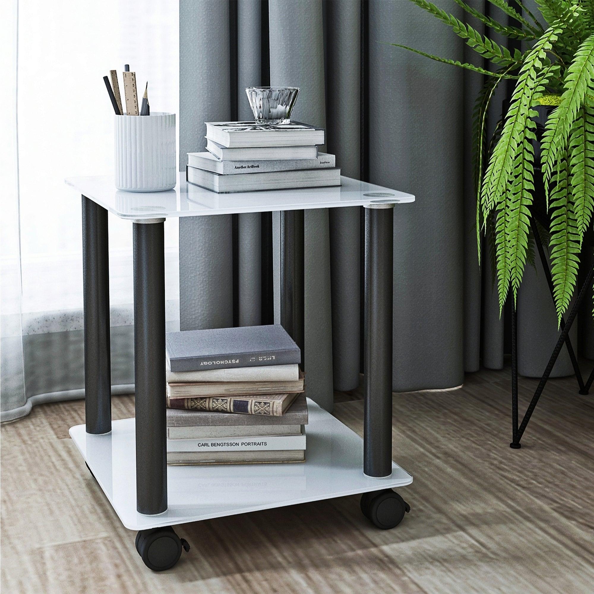 🆓🚛 1-Piece White+Black Side Table, 2-Tier Space End Table, Modern Night Stand, Sofa Table, Side Table With Storage Shelve
