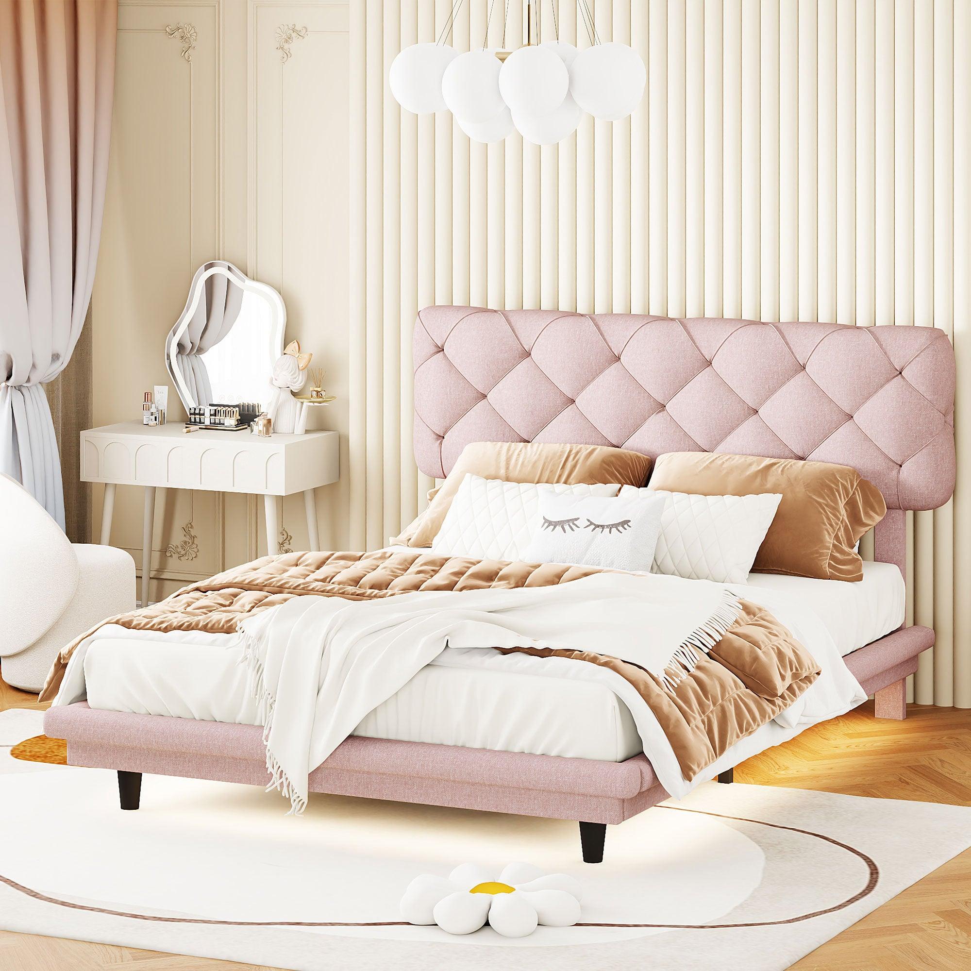 🆓🚛 Full Size Upholstered Bed With Light Stripe, Floating Platform Bed, Linen Fabric, Pink