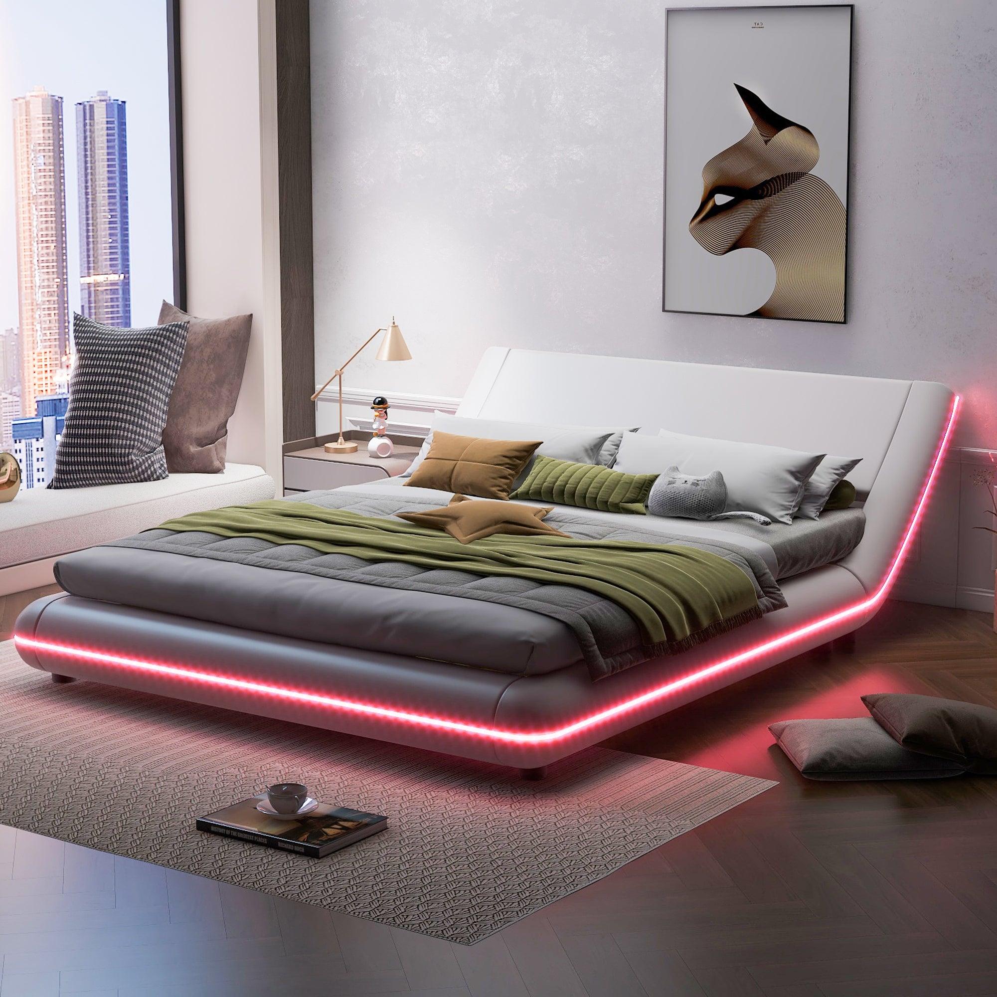 🆓🚛 Full Size Upholstery Platform Bed Frame With Sloped Headboard, White
