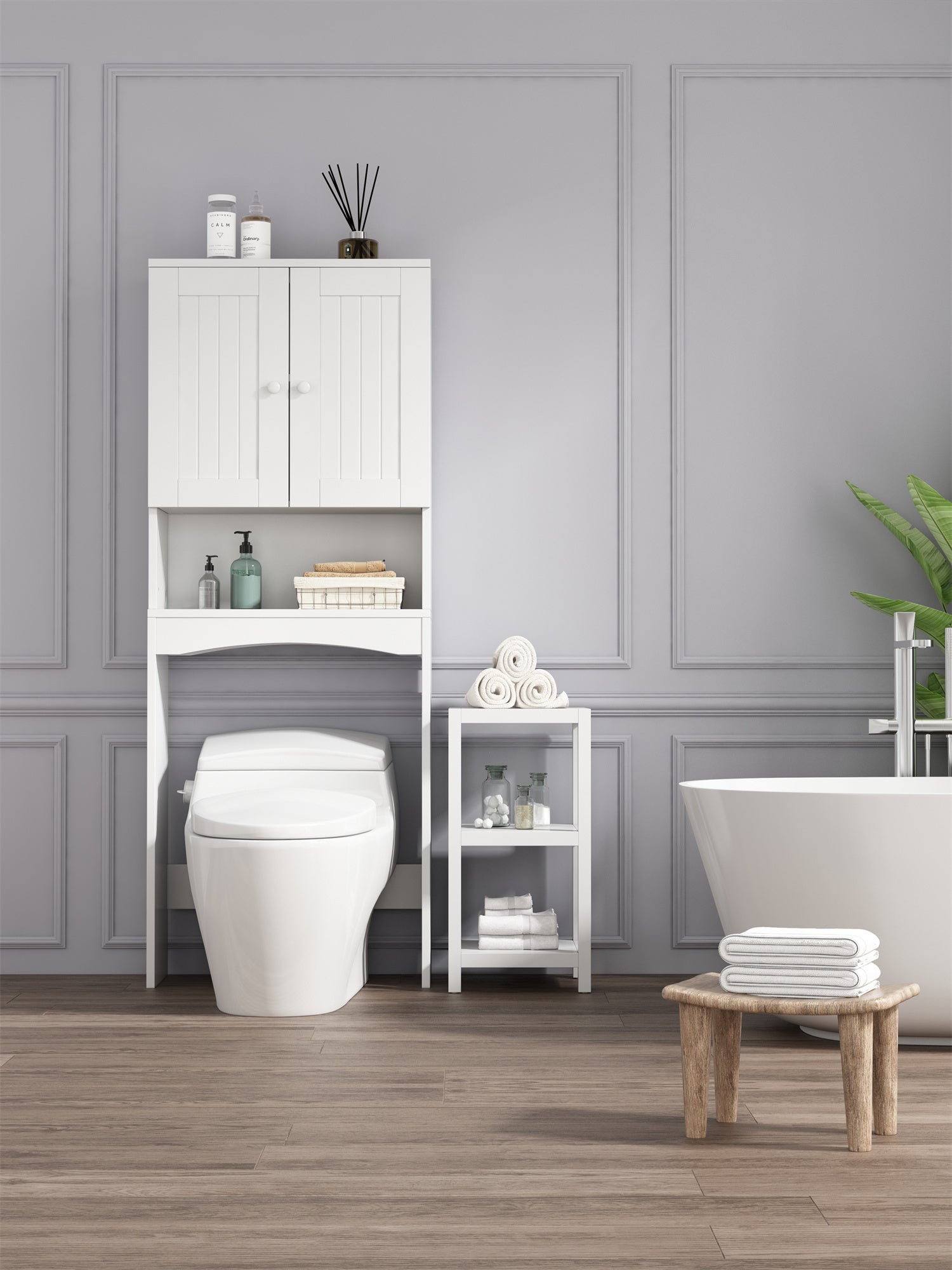 🆓🚛 Home Bathroom Shelf Over-The-Toilet, Bathroom Space saver, Bathroom Storage Cabinet Organizer, White