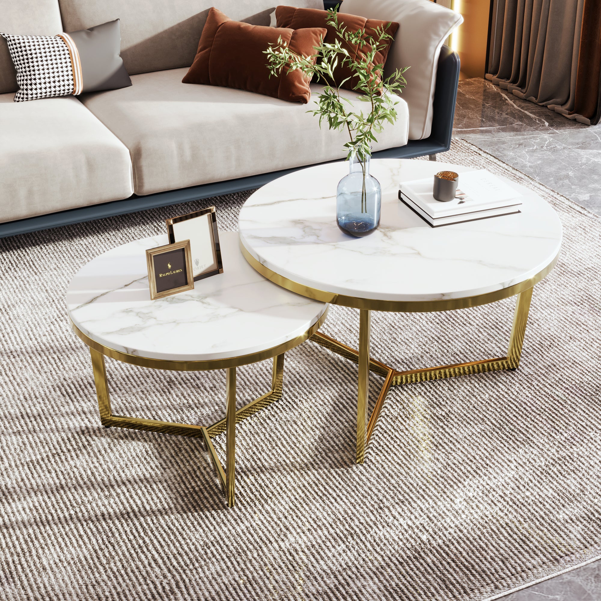 🆓🚛 Modern Round Nesting Coffee Table Set 2-Piece White & Marbling Top, Gold Base Gate Design