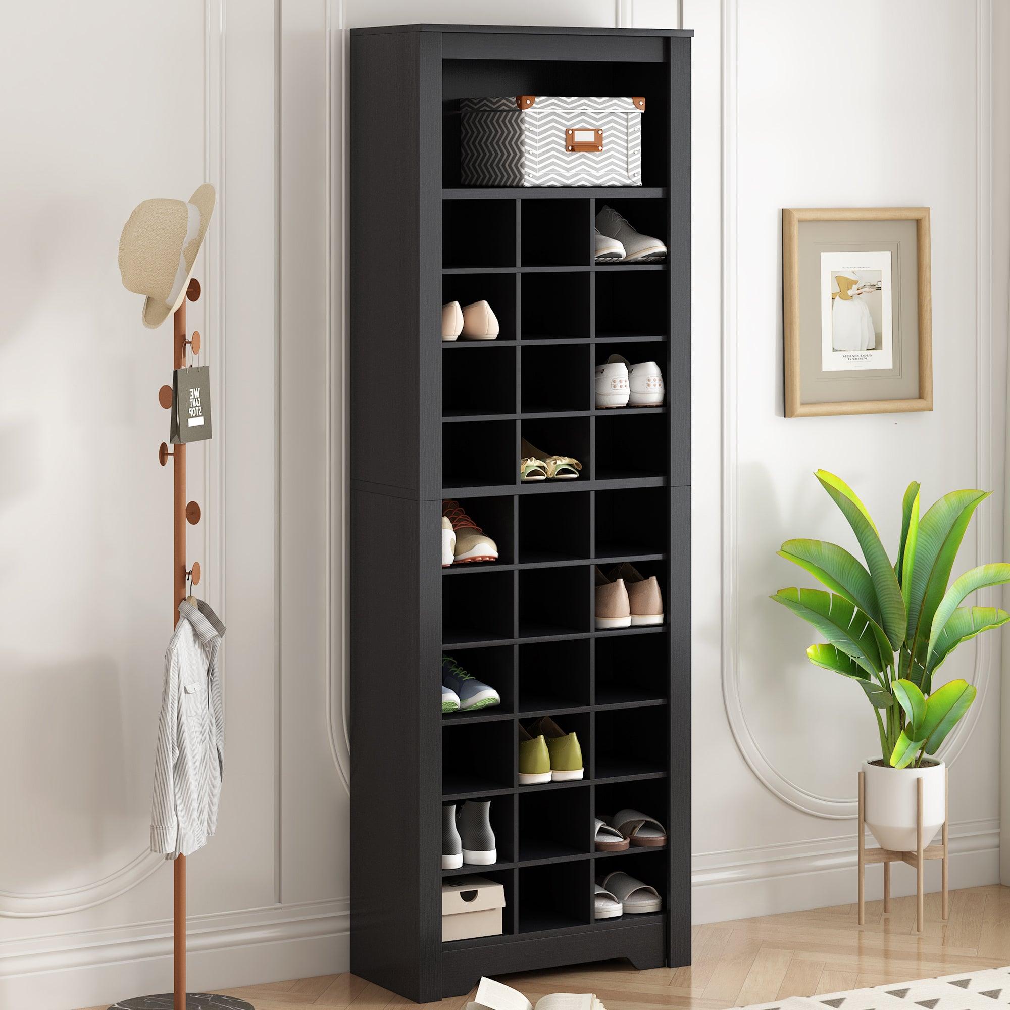 🆓🚛 Stylish Design 30 Shoe Cubby Console, Contemporary Shoe Cabinet With Multiple Storage Capacity, for Hallway & Bedroom - Black