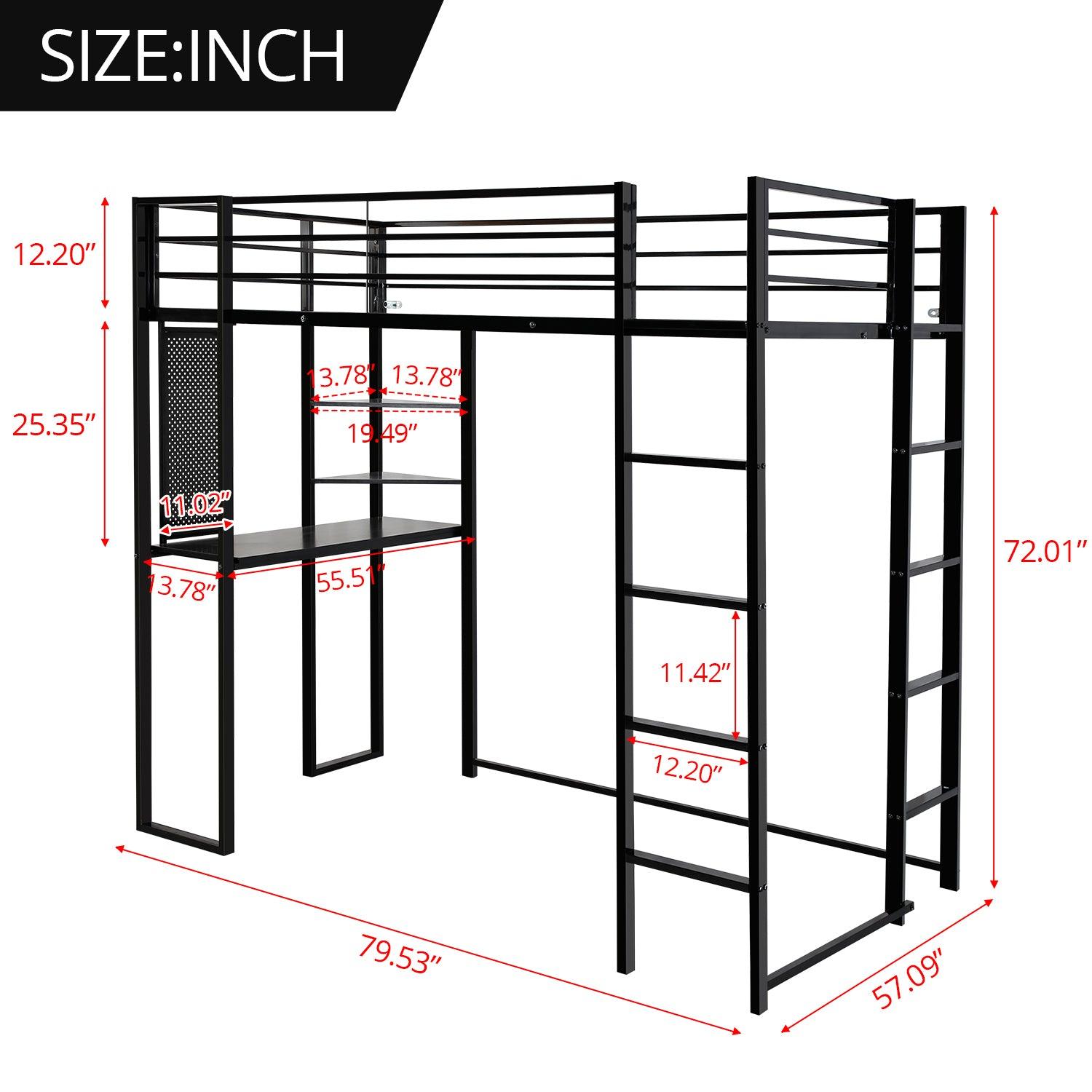 Full Size Loft Bed With Desk And Shelves, Metal Loft Bed With 2 Built-In Ladders, Full-Length Guardrail