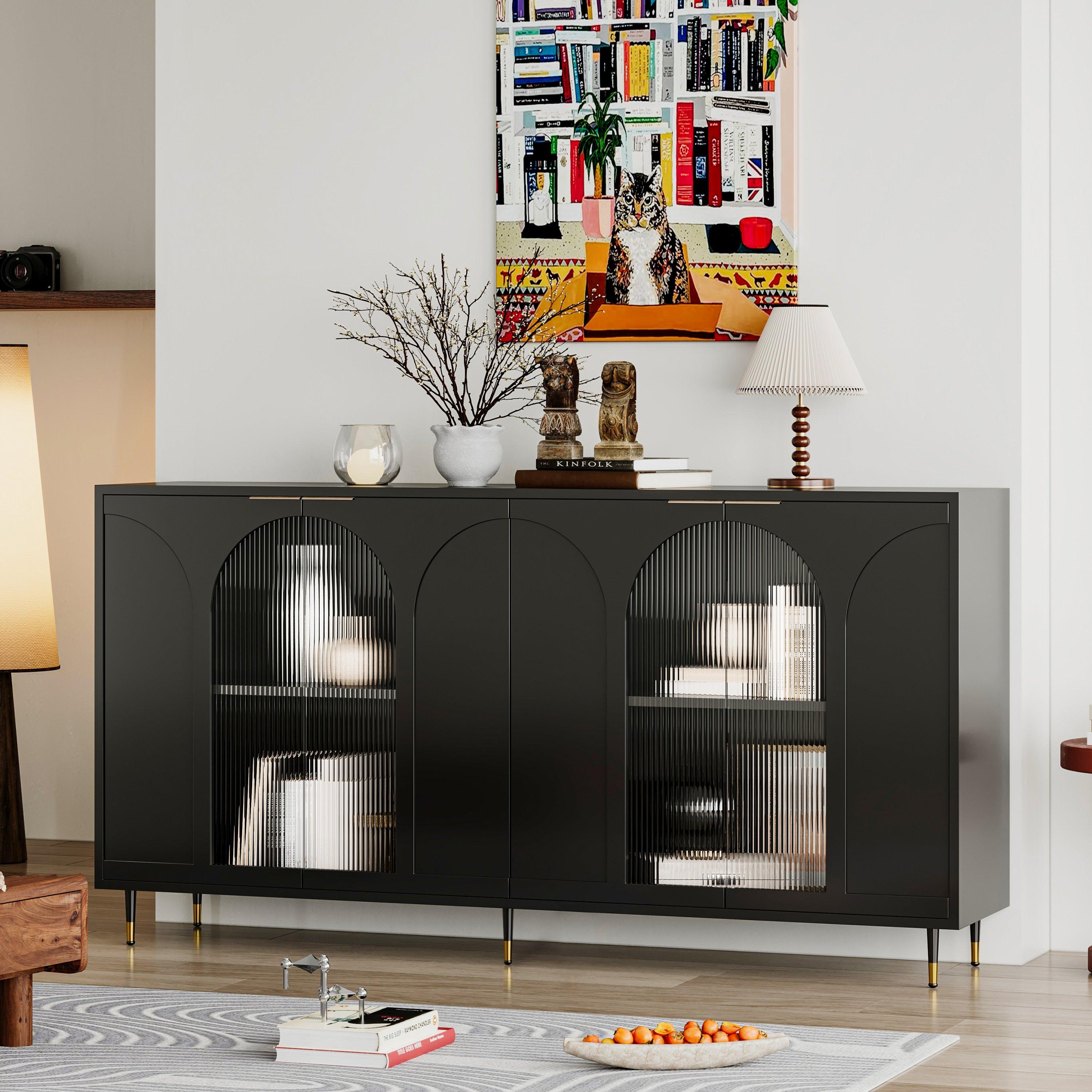 🆓🚛 Accent Cabinet Black Lacquered Wooden Cabinet With 4 Glass Doors Sideboard Buffet Server Cabinet Storage Cabinet, for Living Room, Entryway, Hallway, Office, Kitchen & Dining Room