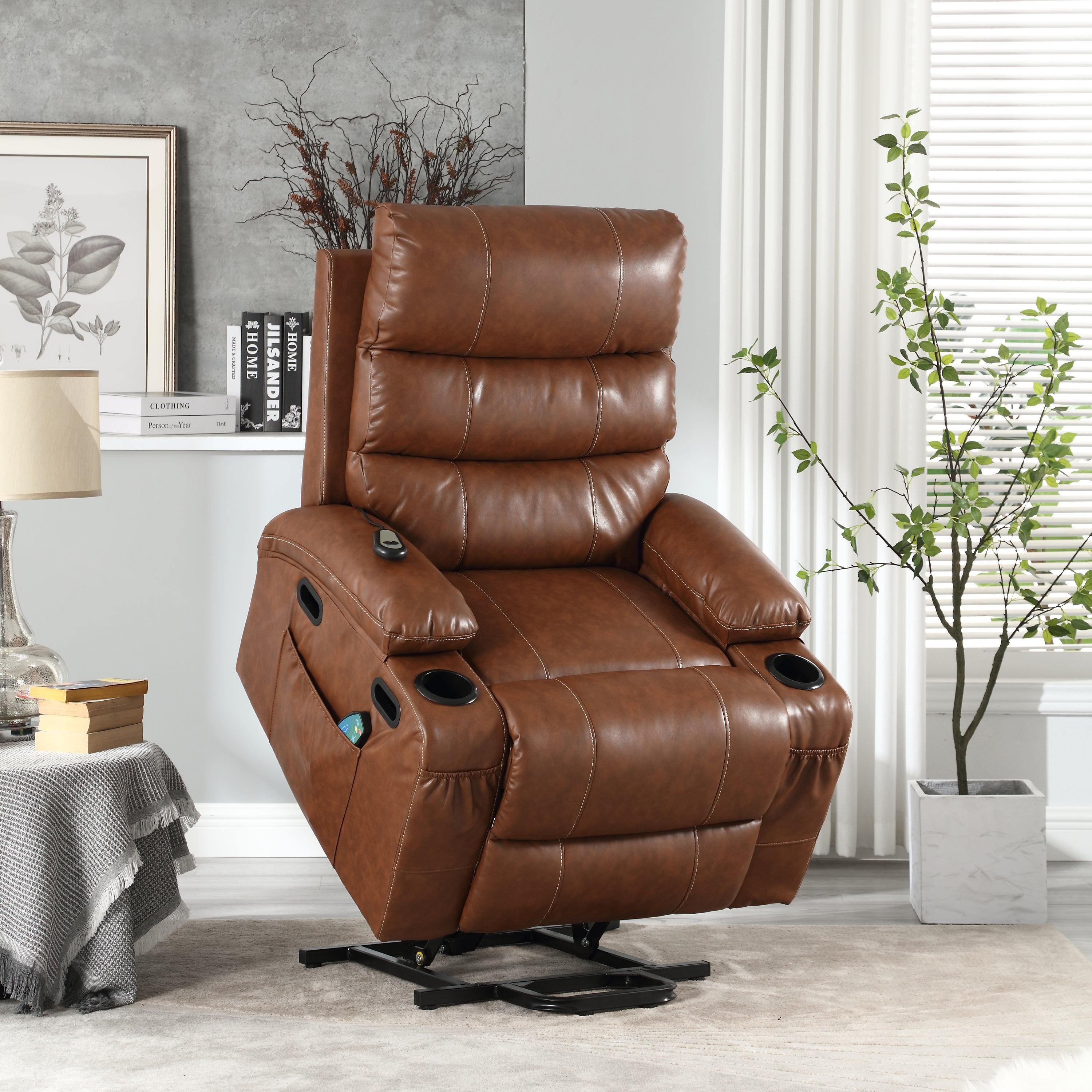 🆓🚛 21" Seat Width Electric Power Lift Recliner Chair Sofa for Elderly, 8 Point Vibration Massage & Lumber Heat, Remote Control, Side Pockets & Cup Holders, Brown