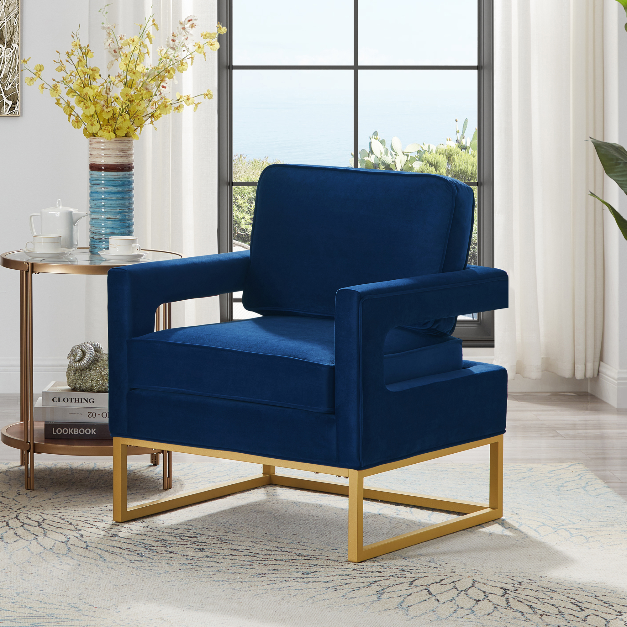 🆓🚛 Modern Style Accent Chair With Gold Metal Base, Velvet Upholstered Leisure Chair With Open Armrest, Armchair, Navy