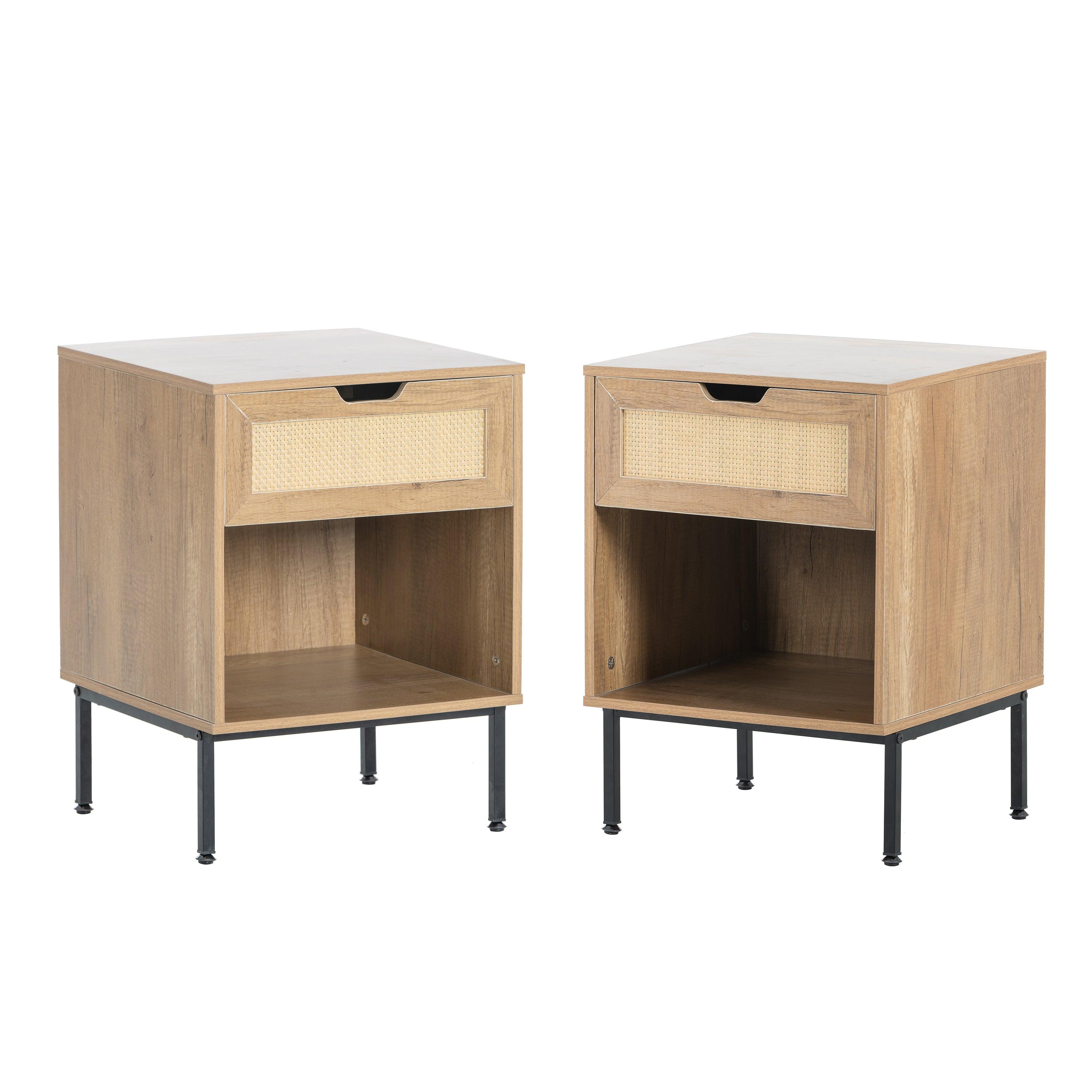 🆓🚛 Rattan Nightstand Set Of 2, Bedside Table With Handmade Rattan Decorative Door, Rattan Side Table, Modern Nightstand for Bedroom, Living Room