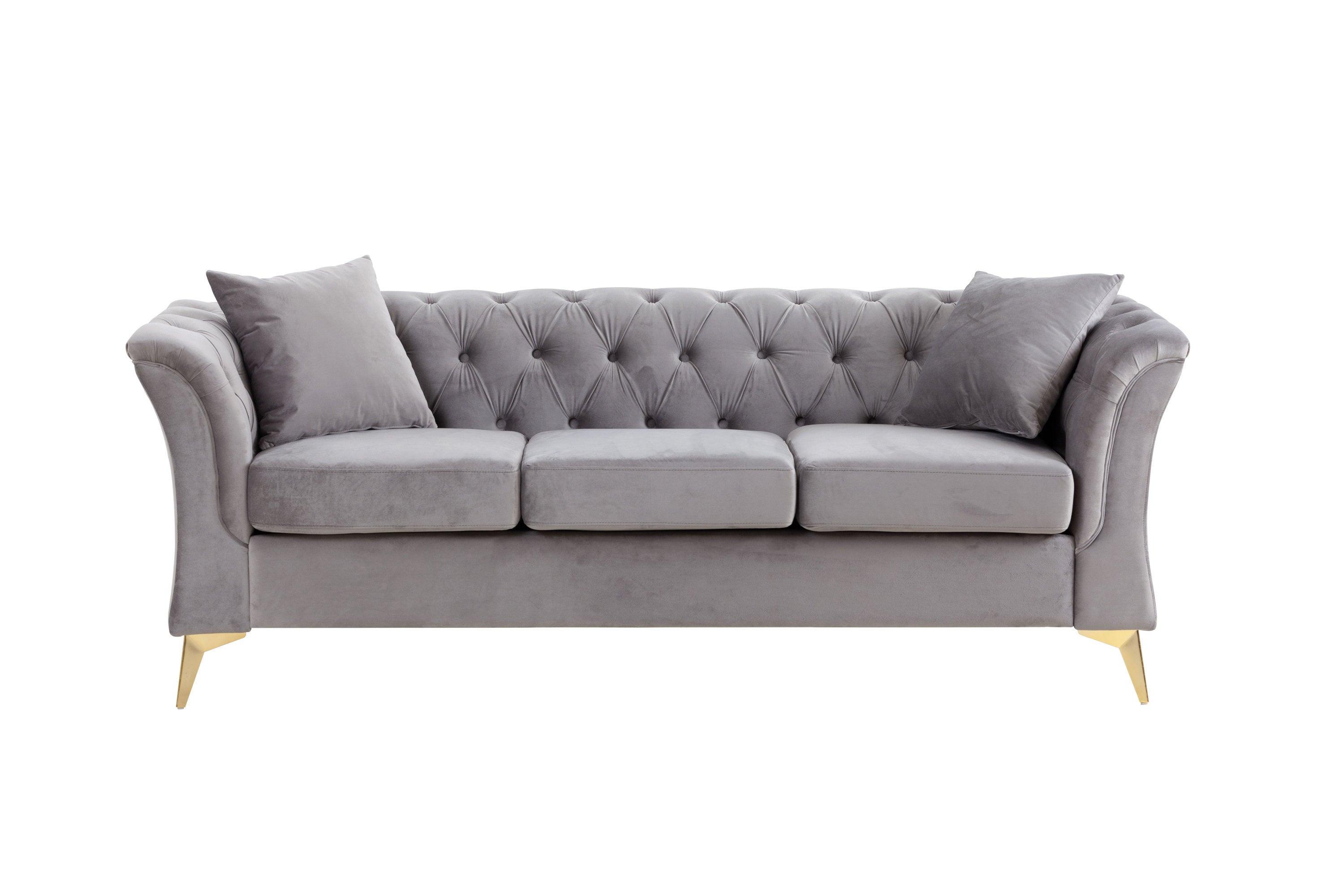 🆓🚛 Modern Chesterfield Curved Sofa Tufted Velvet Couch 3 Seat Button Tufed Couch With Scroll Arms & Gold Metal Legs Gray