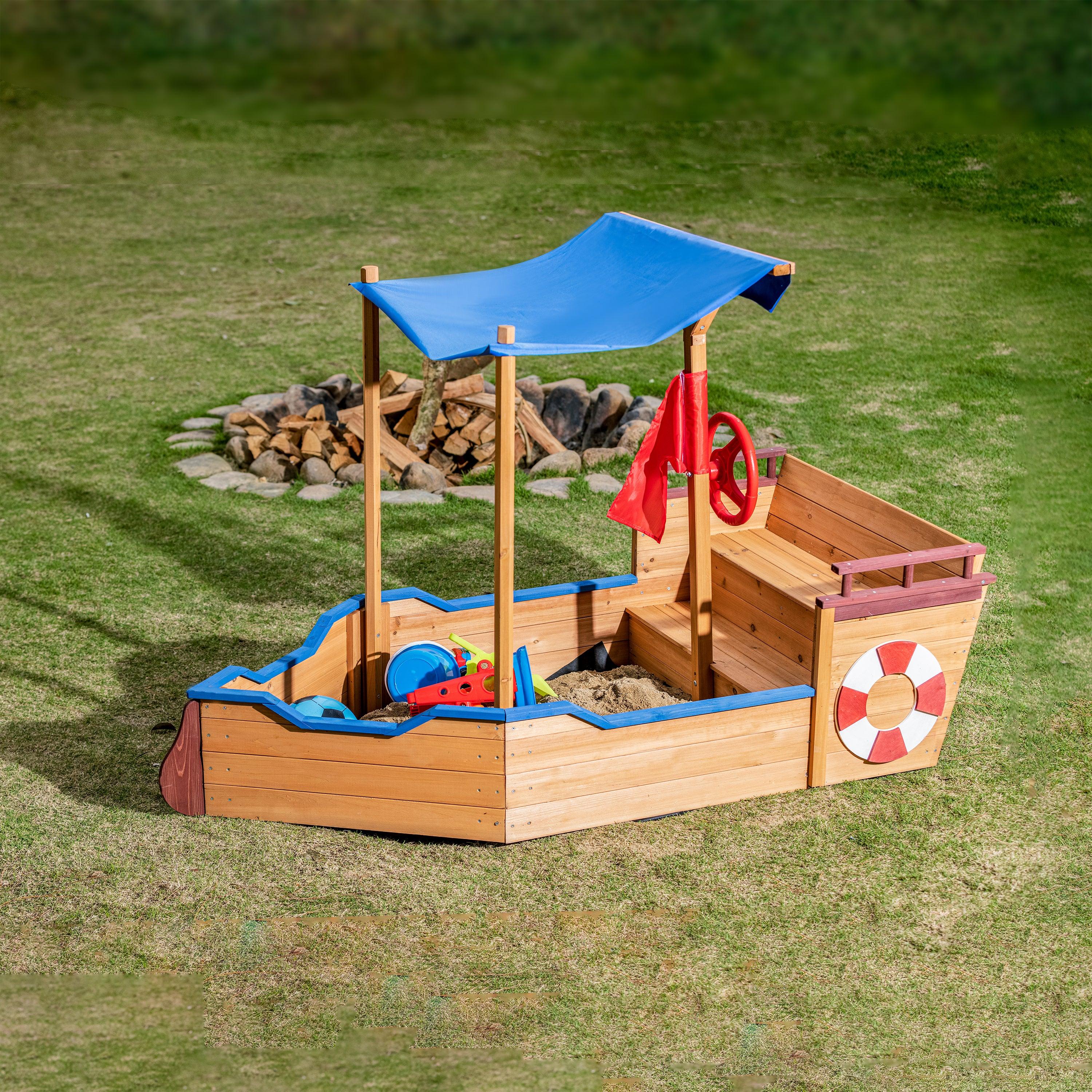 🆓🚛 Outsunny Pirate Ship Sandbox With Cover & Rudder, Wooden Sandbox With Storage Bench & Seat, Outdoor Toy for Kids Ages 3-8 Years Old