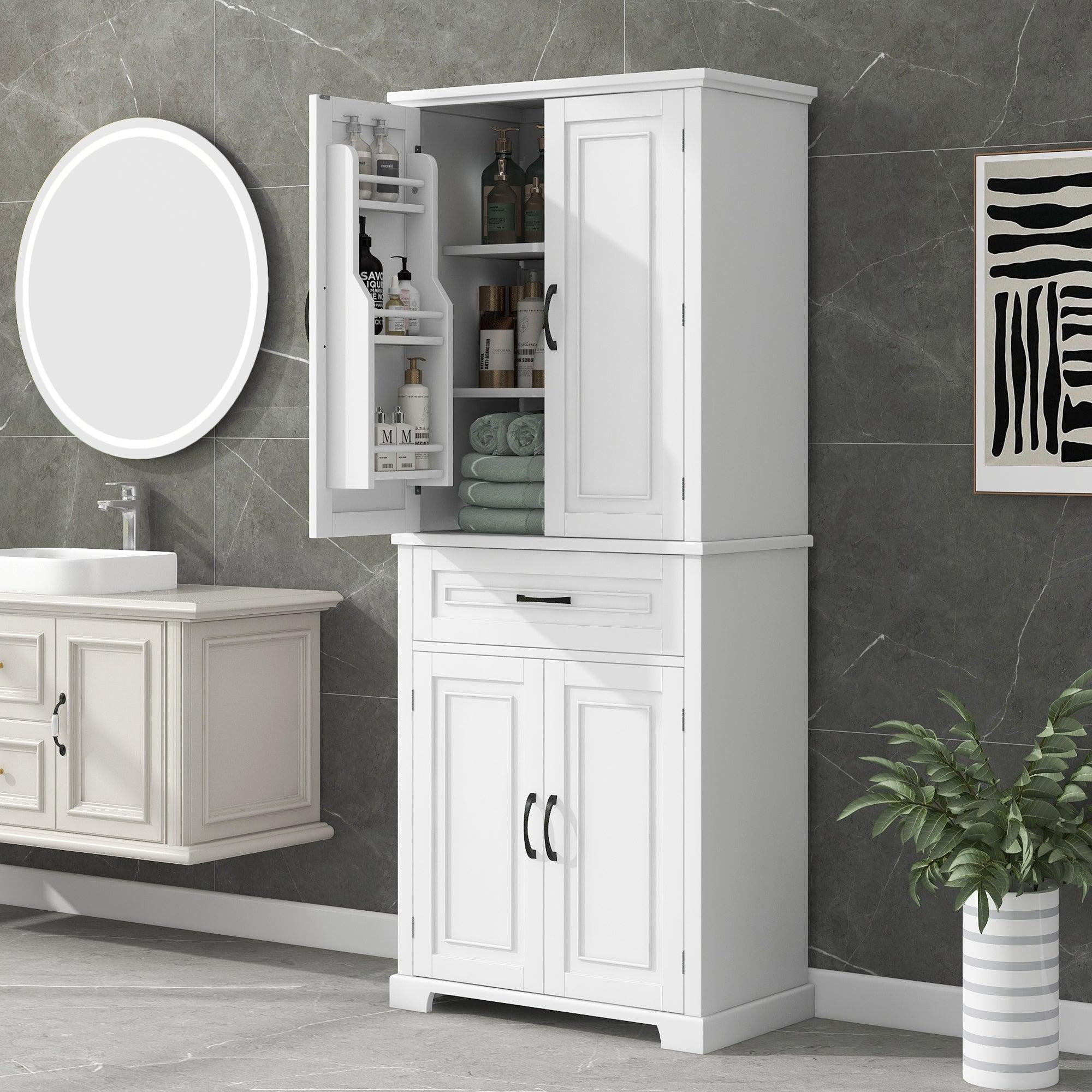 🆓🚛 Bathroom Storage Cabinet With Doors & Drawer, Multiple Storage Space, Adjustable Shelf, White