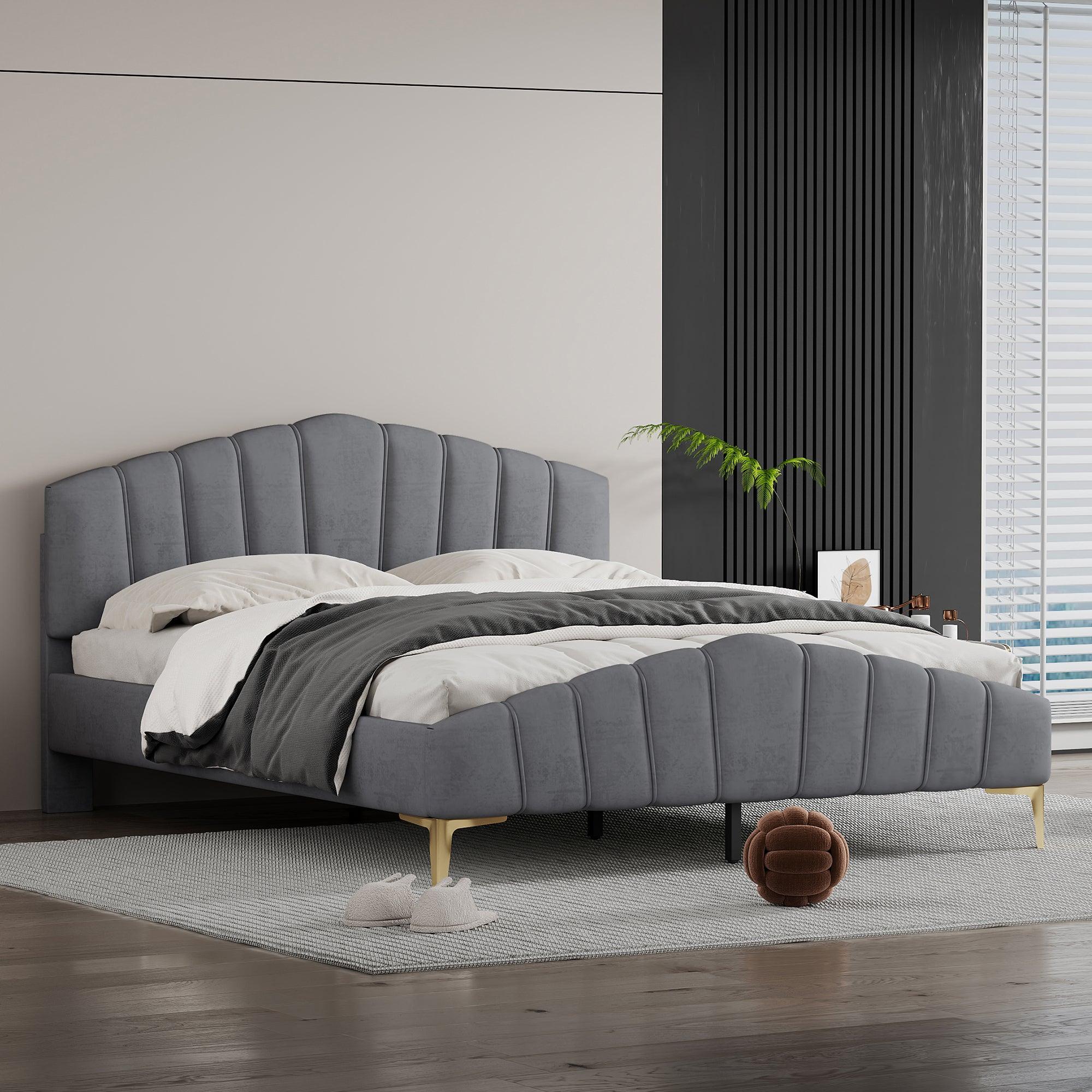 🆓🚛 Queen Size Velvet Platform Bed With Thick Fabric, Stylish Stripe Decorated Bedboard & Elegant Metal Bed Leg, Gray