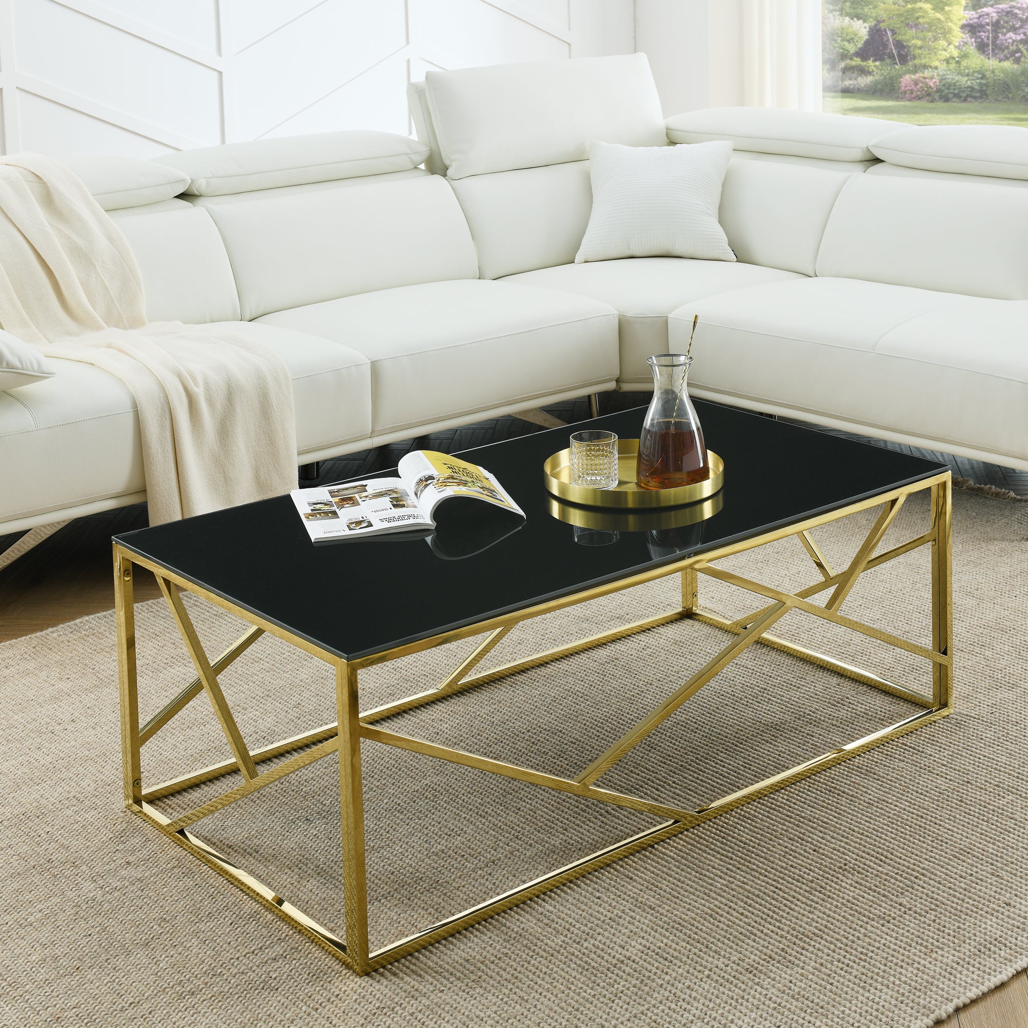 🆓🚛 Modern Rectangular Coffee Accent Table With Black Tempered Glass Top and Stainless Steel Frame for Living Room Bedroom, Gold