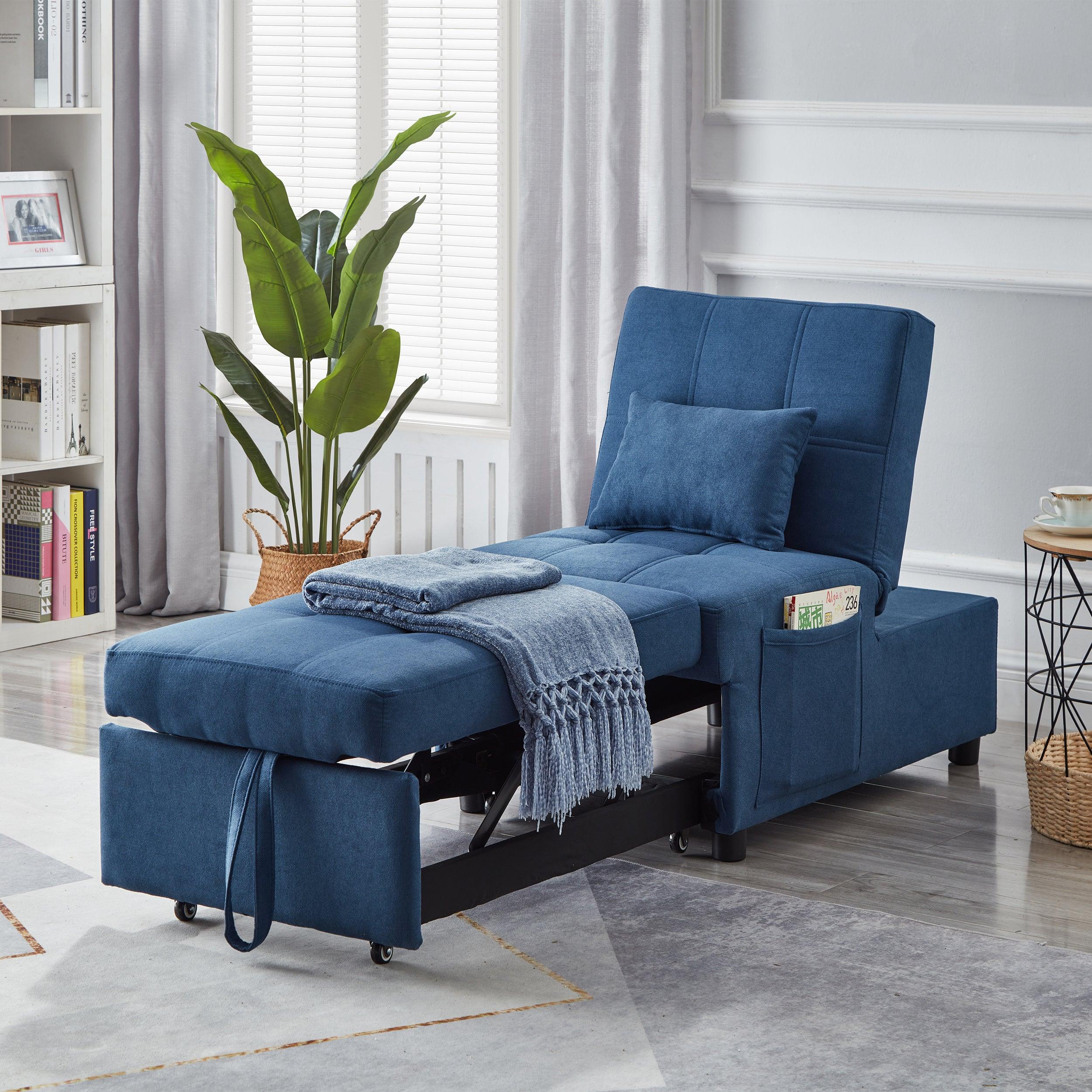 🆓🚛 Living Room Bed Room Furniture With Blue Linen Fabric Recliner Chair Bed