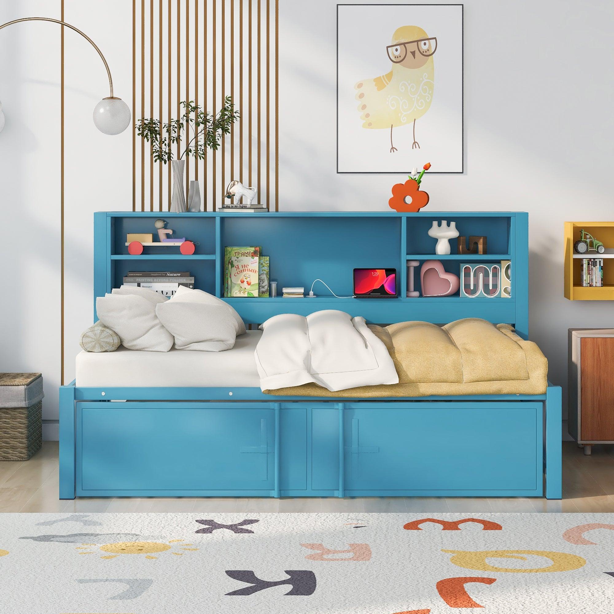 🆓🚛 Metal Twin Size Daybed With Twin Size Trundle, Storage Shelves & Usb Ports, Blue