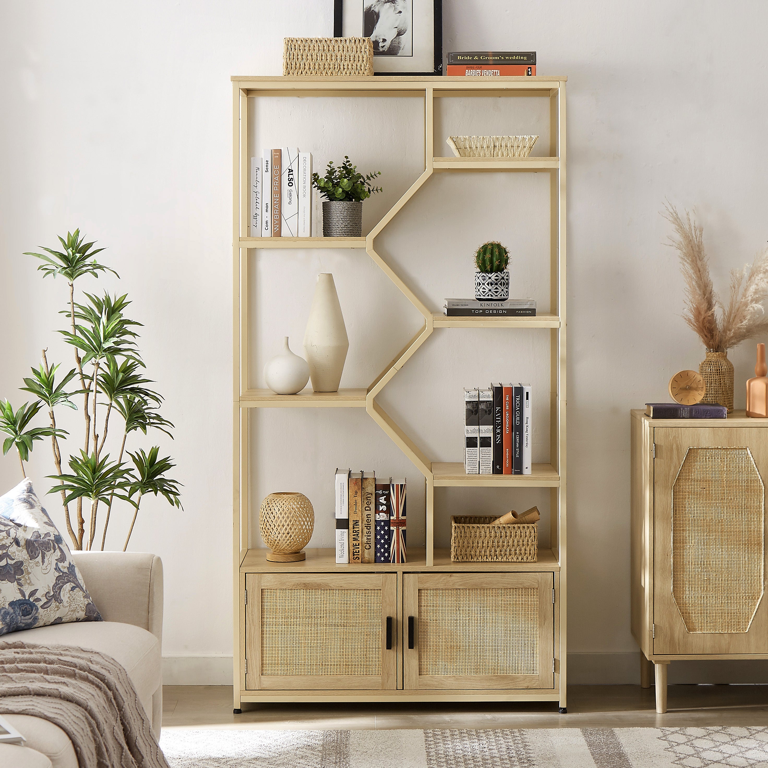 🆓🚛 Rattan Bookshelf 7 Tiers Bookcases Storage Rack With Cabinet for Living Room Home Office, Natural, 39.4'' W X 13.8'' D X 75.6'' H.