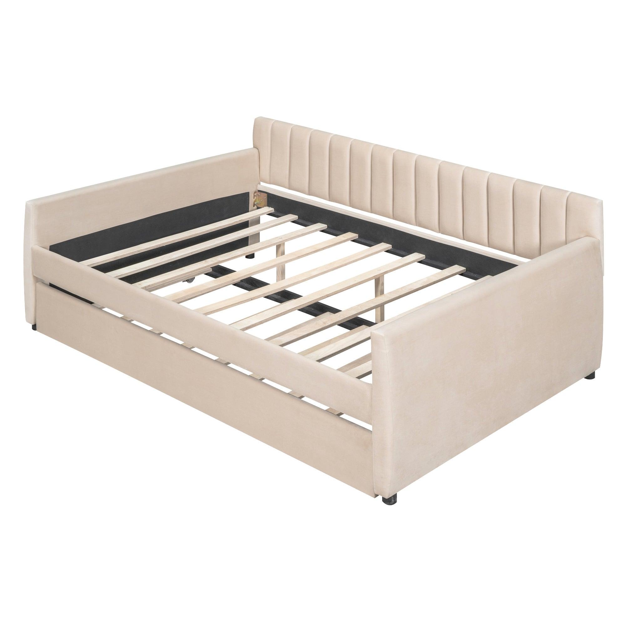 Full Size Upholstered Daybed With Trundle And Wood Slat Support, Beige