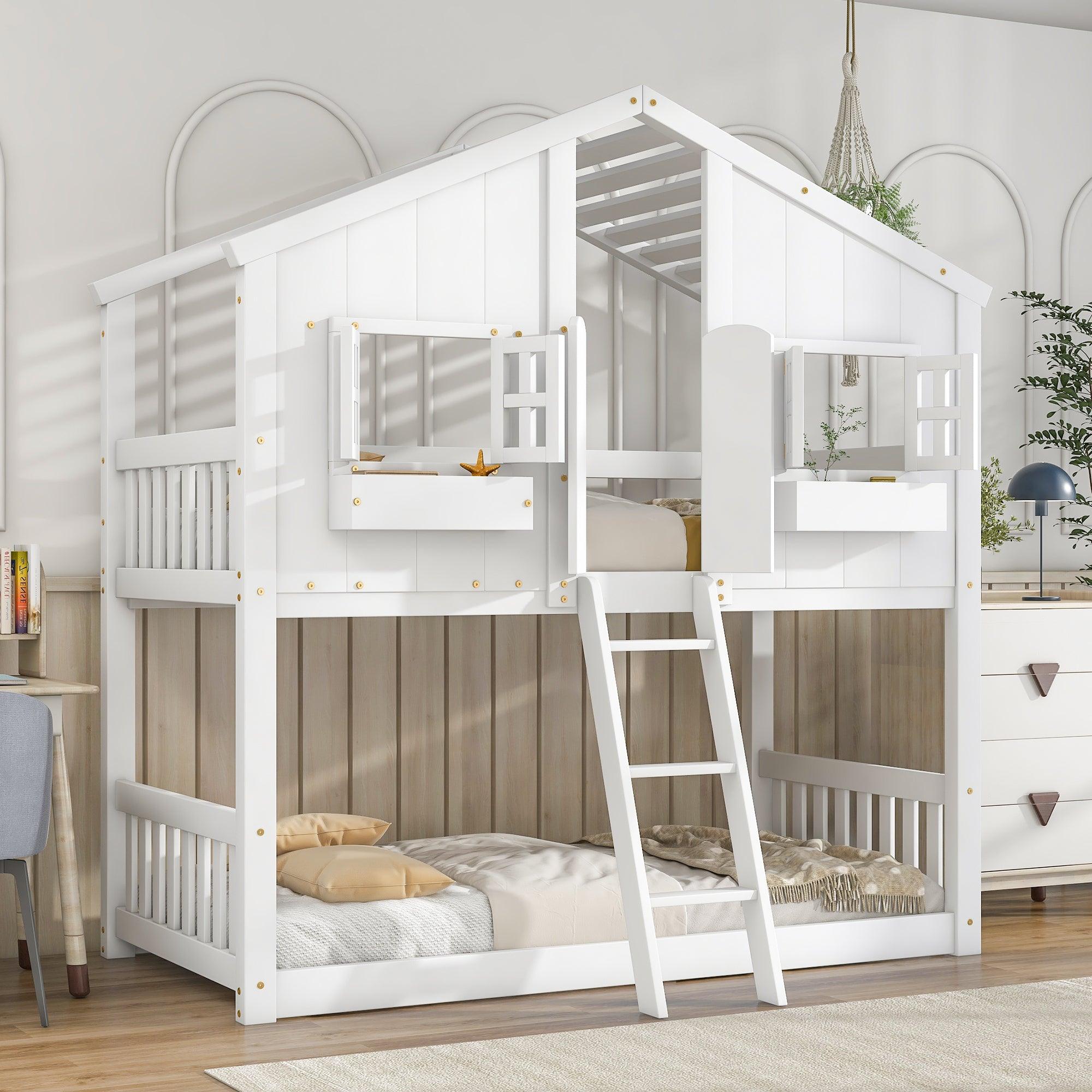🆓🚛 Twin Over Twin House Bunk Bed With Roof, Window, Window Box, Door, With Safety Guardrails & Ladder, White