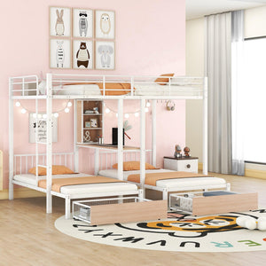 Full Over Twin & Twin Triple Bunk Bed with Drawers, Multi-functional Metal Frame Bed with desks and shelves in the middle, White