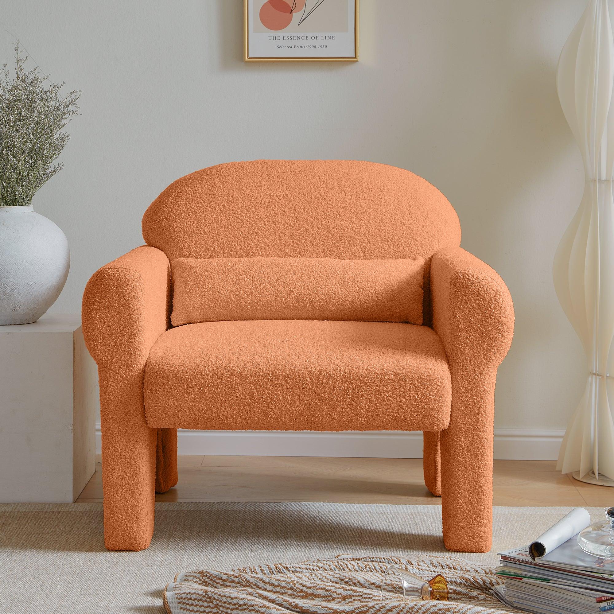 🆓🚛 Modern Teddy Fabric Accent Chair With Lumbar Pillow for Living Room, Orange