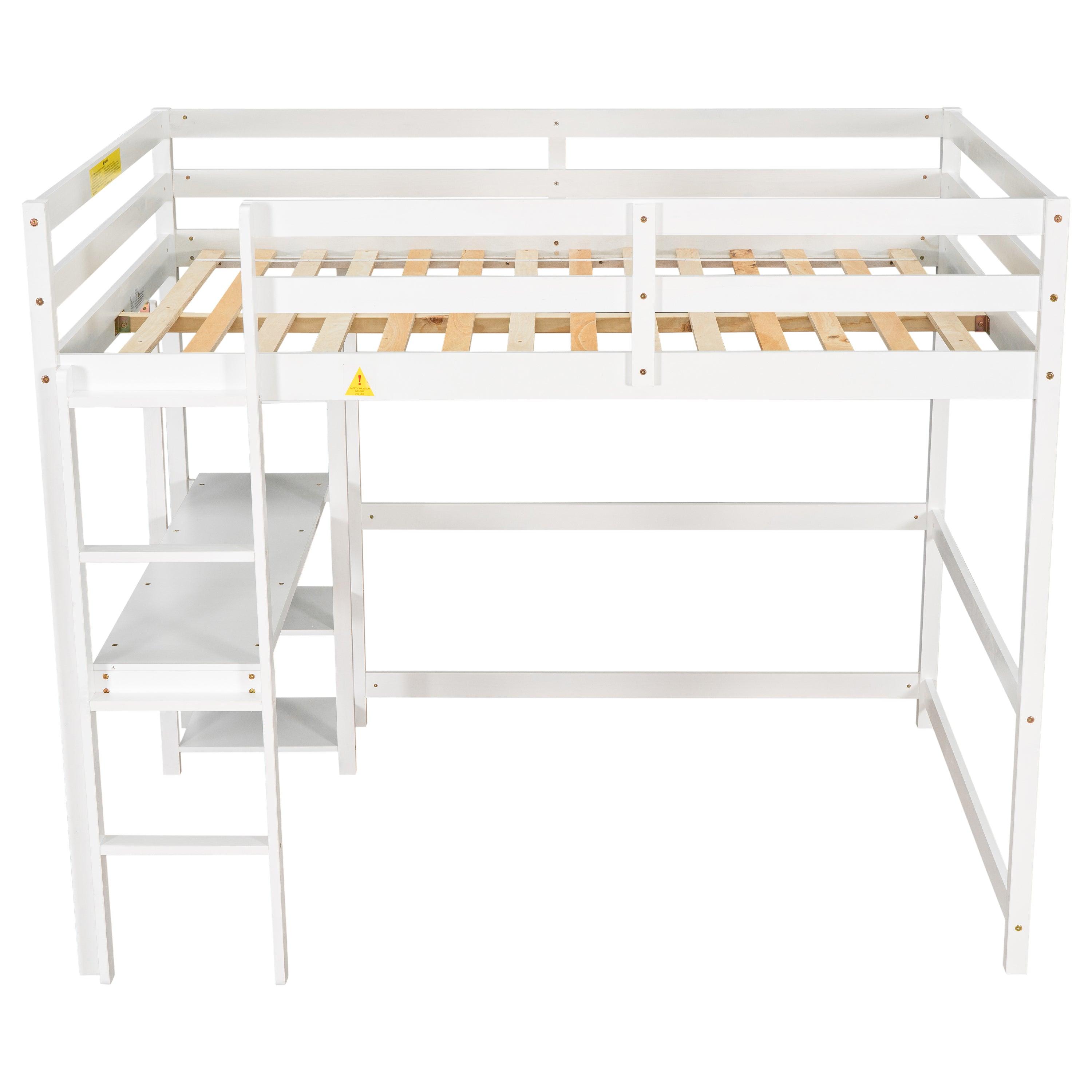 Full Loft Bed With Desk And Shelves, Perfect For Kids, White