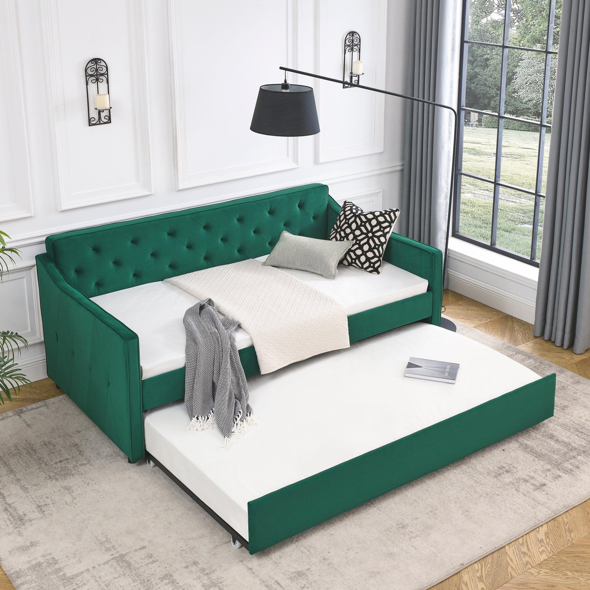 🆓🚛 Twin Size Daybed With Twin Size Trundle Upholstered Tufted Sofa Bed, Waved Shape Arms, Green (80.5" X44.5" X33.5" )