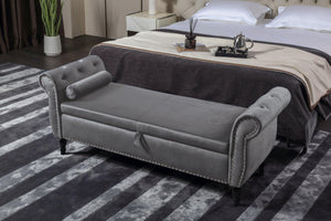 63" Velvet Multifunctional Storage Rectangular Sofa Stool Buttons Tufted Nailhead Trimmed Solid Wood Legs with 1 Pillow, Grey