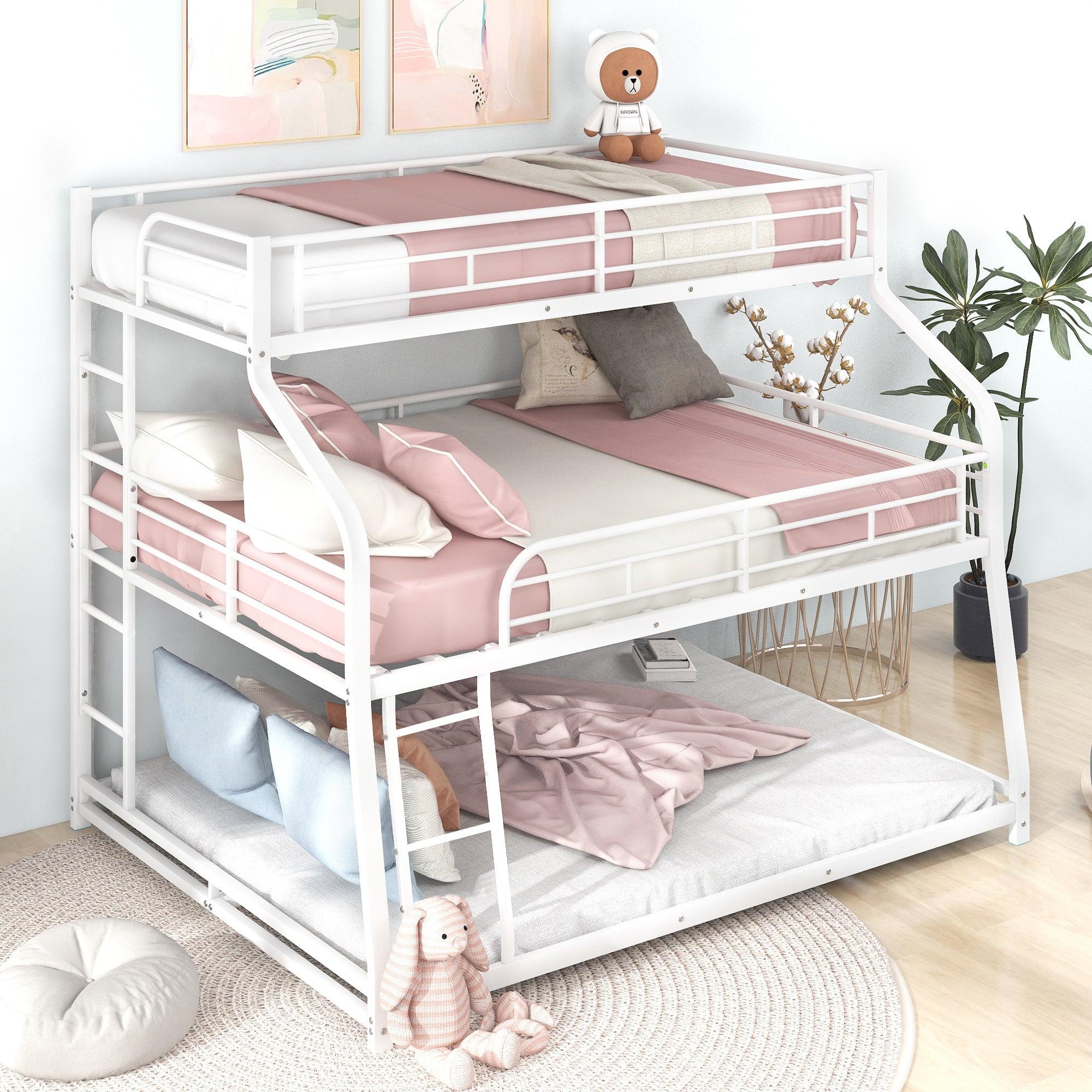 🆓🚛 Twin Xl/Full Xl/Queen Triple Bunk Bed With Long and Short Ladder and Full-Length Guardrails, White