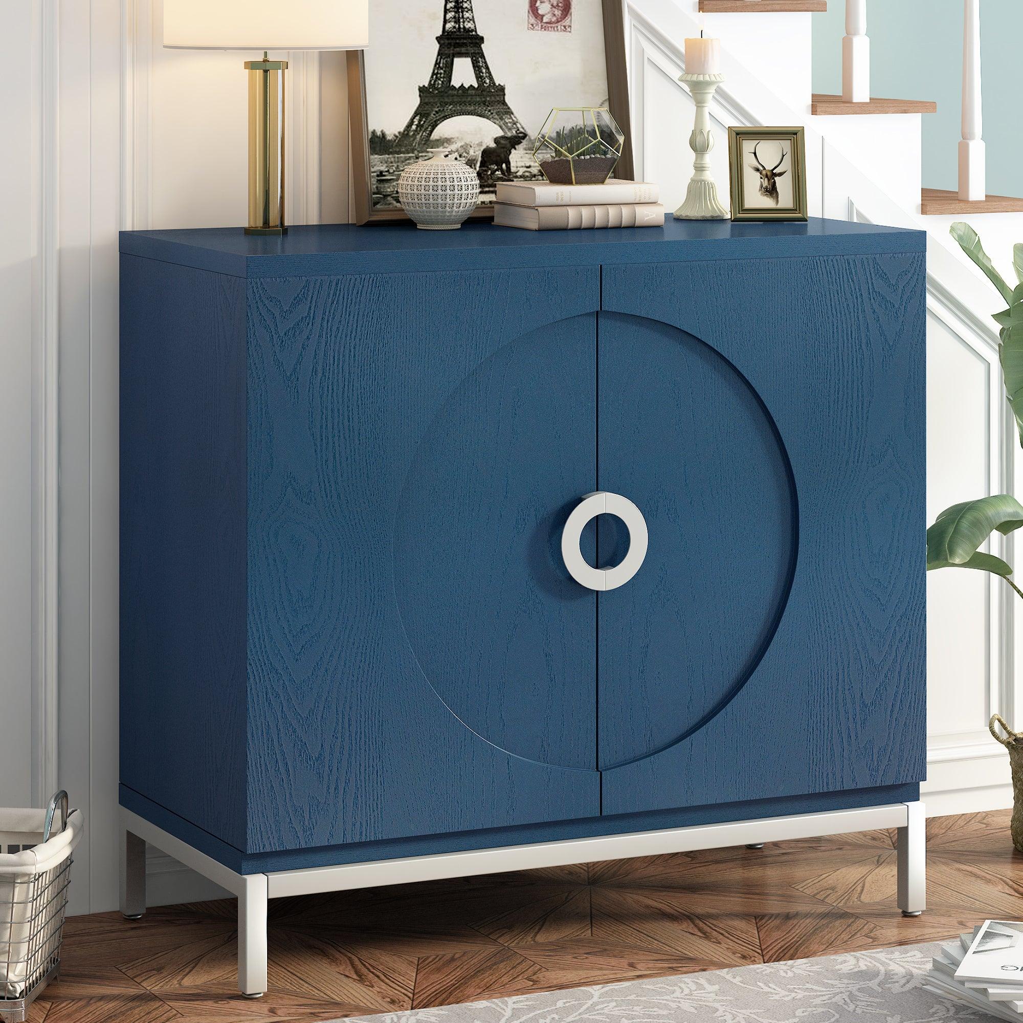 🆓🚛 Simple Storage Cabinet Accent Cabinet With Solid Wood Veneer & Metal Leg Frame for Living Room, Entryway, Dining Room (Navy)