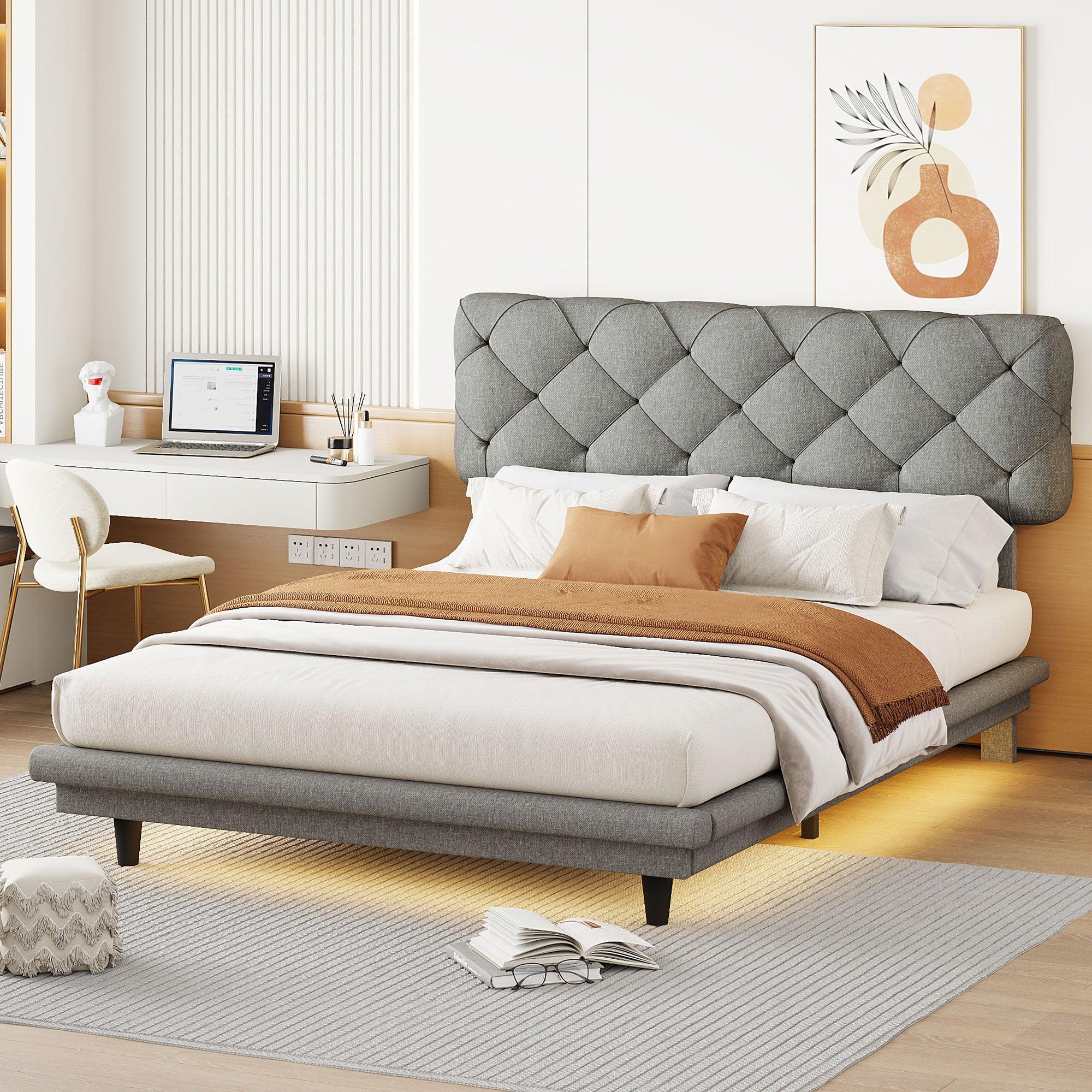 🆓🚛 Full Size Upholstered Bed With Light Stripe, Floating Platform Bed, Linen Fabric, Gray