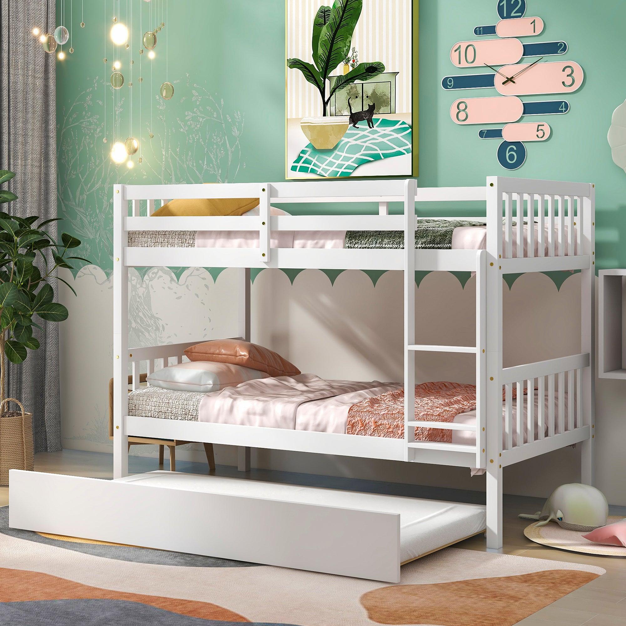 🆓🚛 Twin Over Twin Bunk Beds With Trundle, Solid Wood Trundle Bed Frame With Safety Rail & Ladder, Kids/Teens Bedroom, Guest Room Furniture, Can Be Converted Into 2 Beds, White