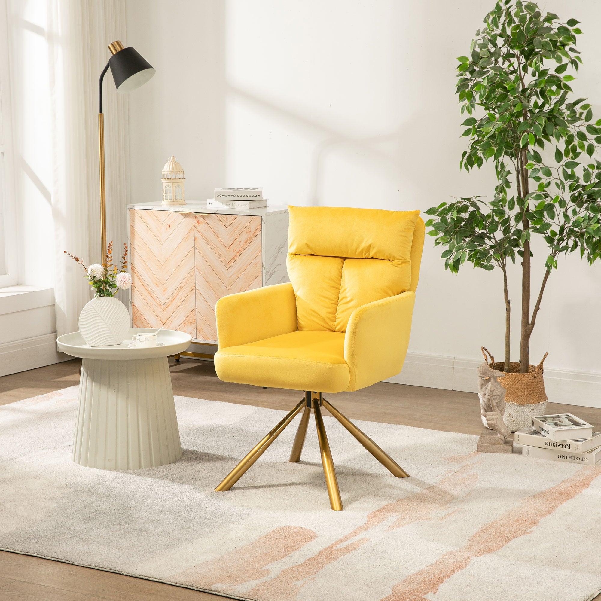 🆓🚛 Yellow Velvet Contemporary High-Back Upholstered Swivel Accent Chair