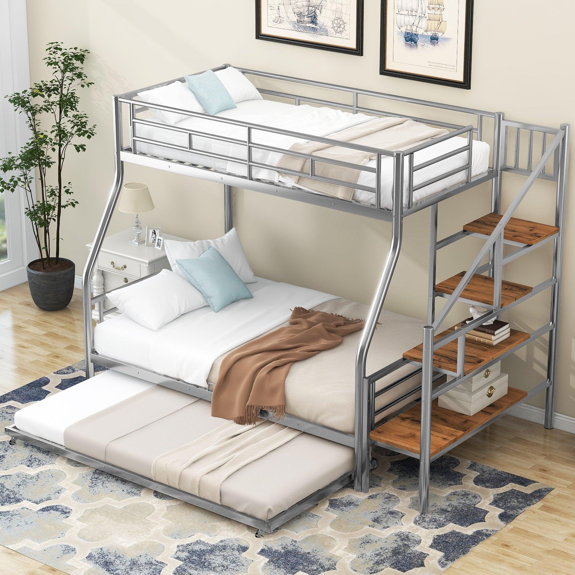 🆓🚛 Twin Over Full Size Metal Bunk Bed With Trundle & Storage Staircase, Silver