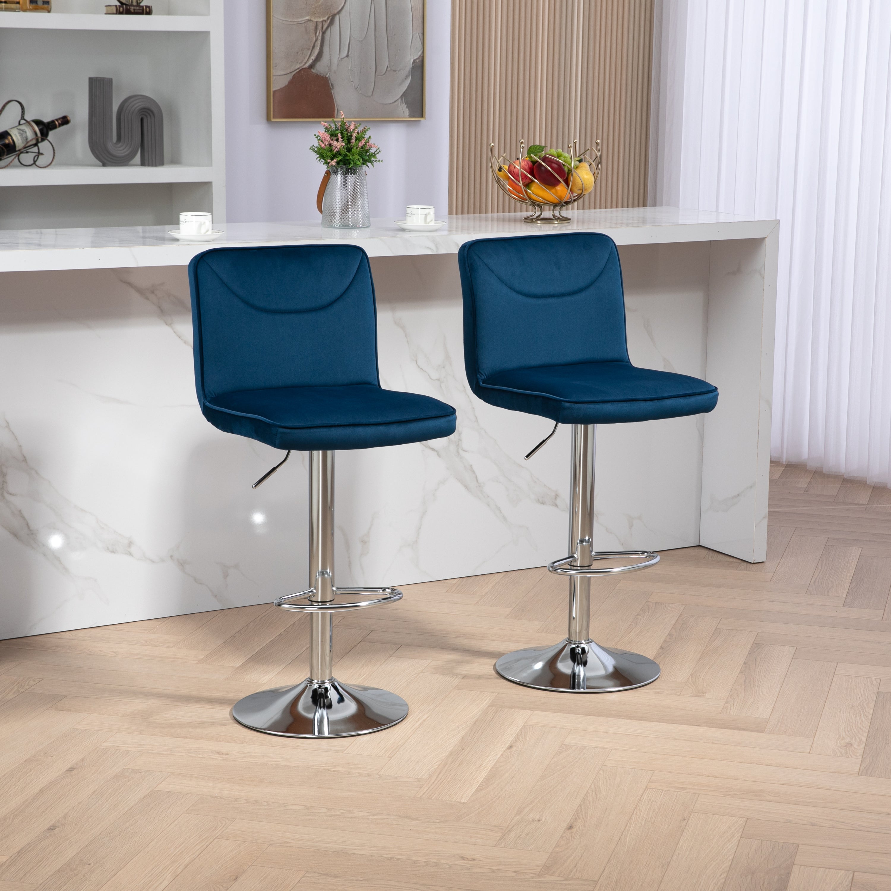 🆓🚛 Modern Swivel Bar stools Set of 2, Adjustable Counter Height Bar Chairs, with Backrest Footrest, Chrome Base, Navy Blue