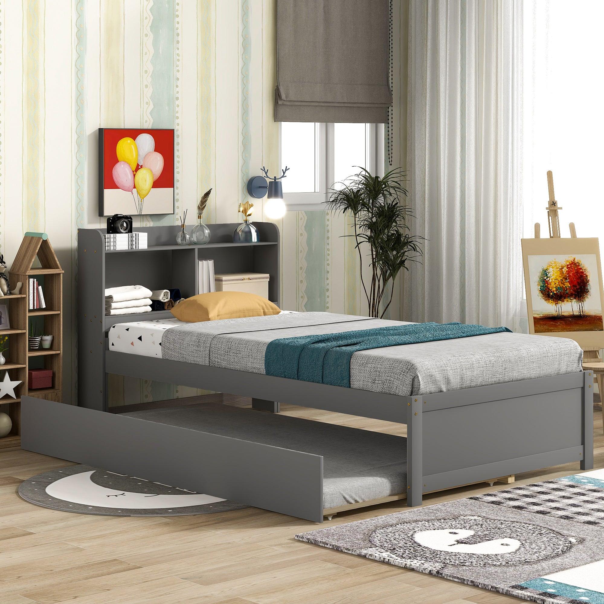 🆓🚛 Twin Bed With Trundle, Bookcase, Gray