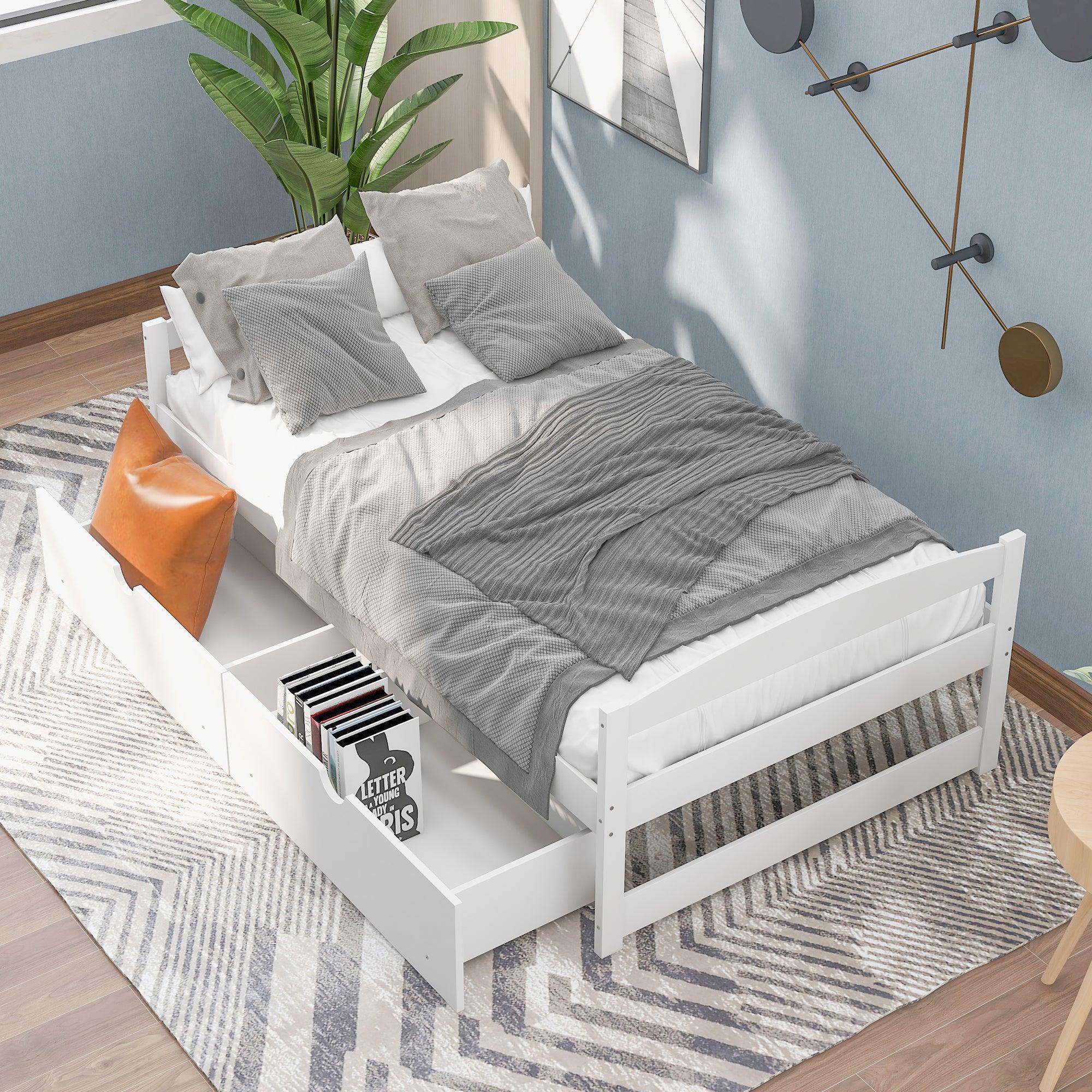 🆓🚛 Twin Size Platform Bed, With Two Drawers, White