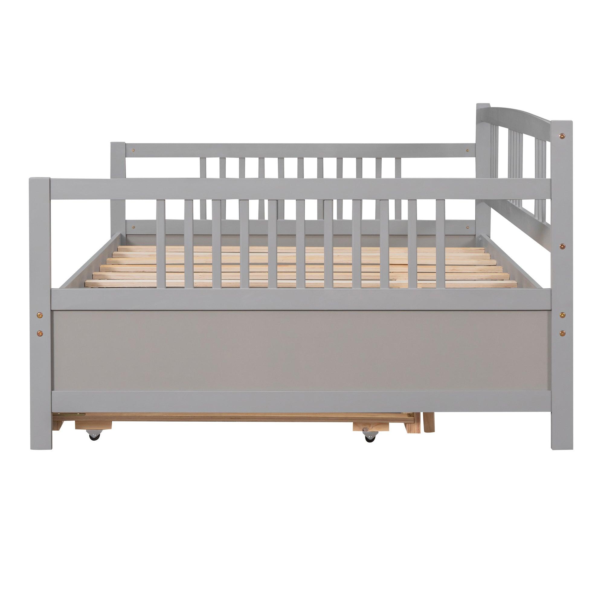 Full Size Daybed Wood Bed With Twin Size Trundle, Gray