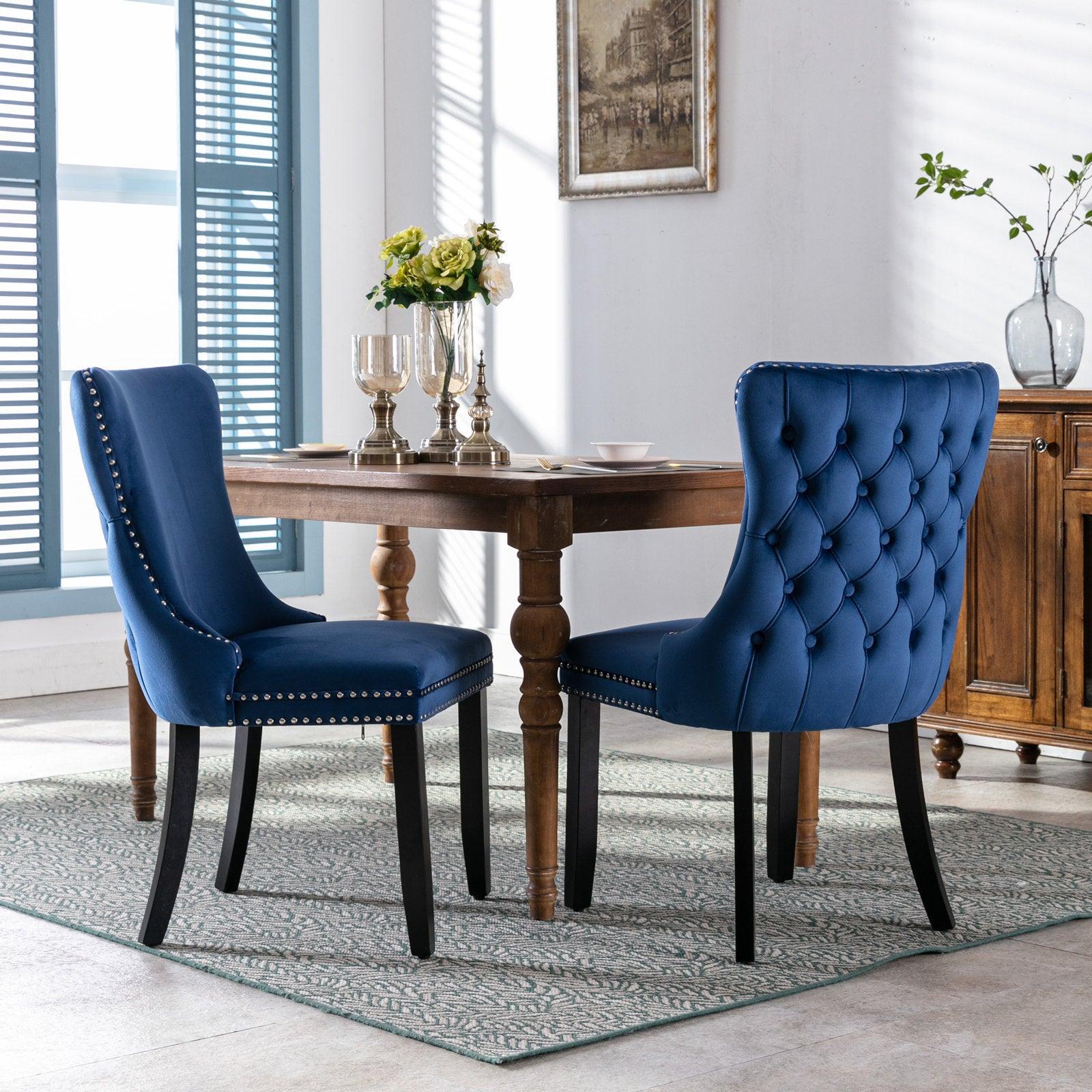 🆓🚛 Upholstered Wing-Back Dining Chair With Backstitching Nailhead Trim & Solid Wood Legs, Set Of 2, Blue