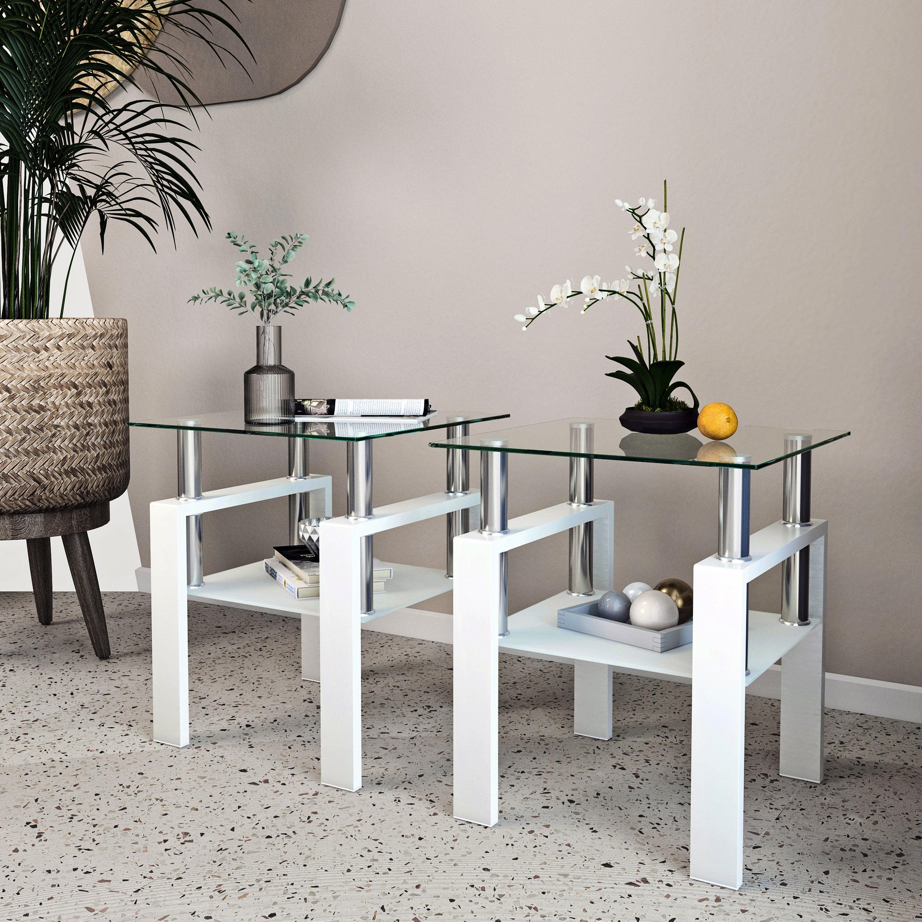 🆓🚛 Set Of 2, Modern Tempered Glass Tea Table Coffee Table End Table, Square Table for Living Room, Transparent/White