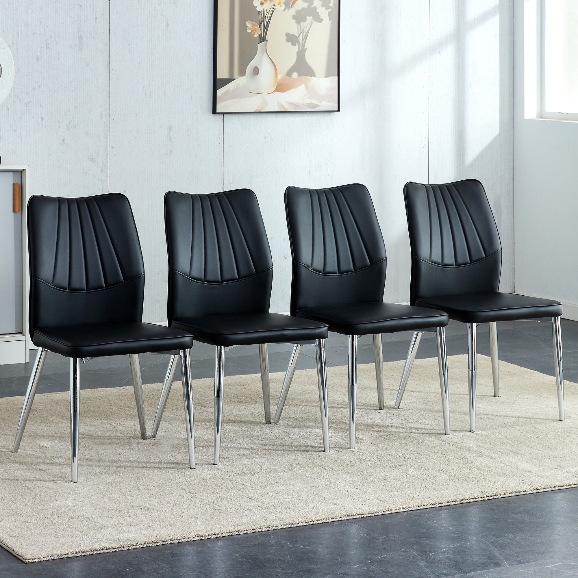 🆓🚛 4 Pu Dining Chairs With Soft Cushions, Silver Metal Legs, Suitable for Restaurants & Living Rooms, Black