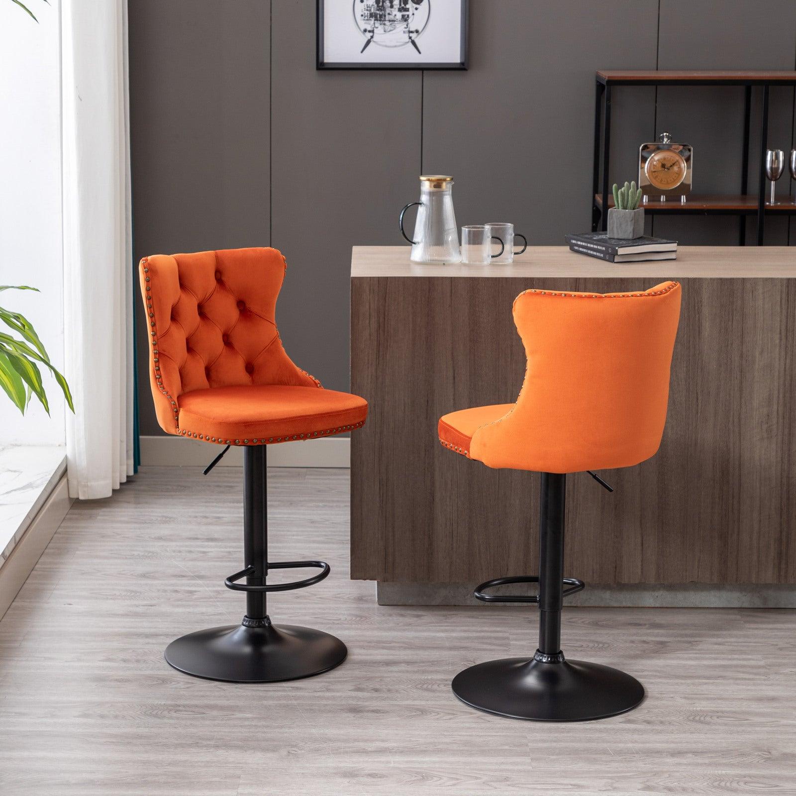 Swivel Velvet Barstools Adjusatble Seat Height From 25-33 Inch, Modern Upholstered Bar Stools With Backs Comfortable Tufted for Home Pub & Kitchen Island（Orange, Set Of 2）