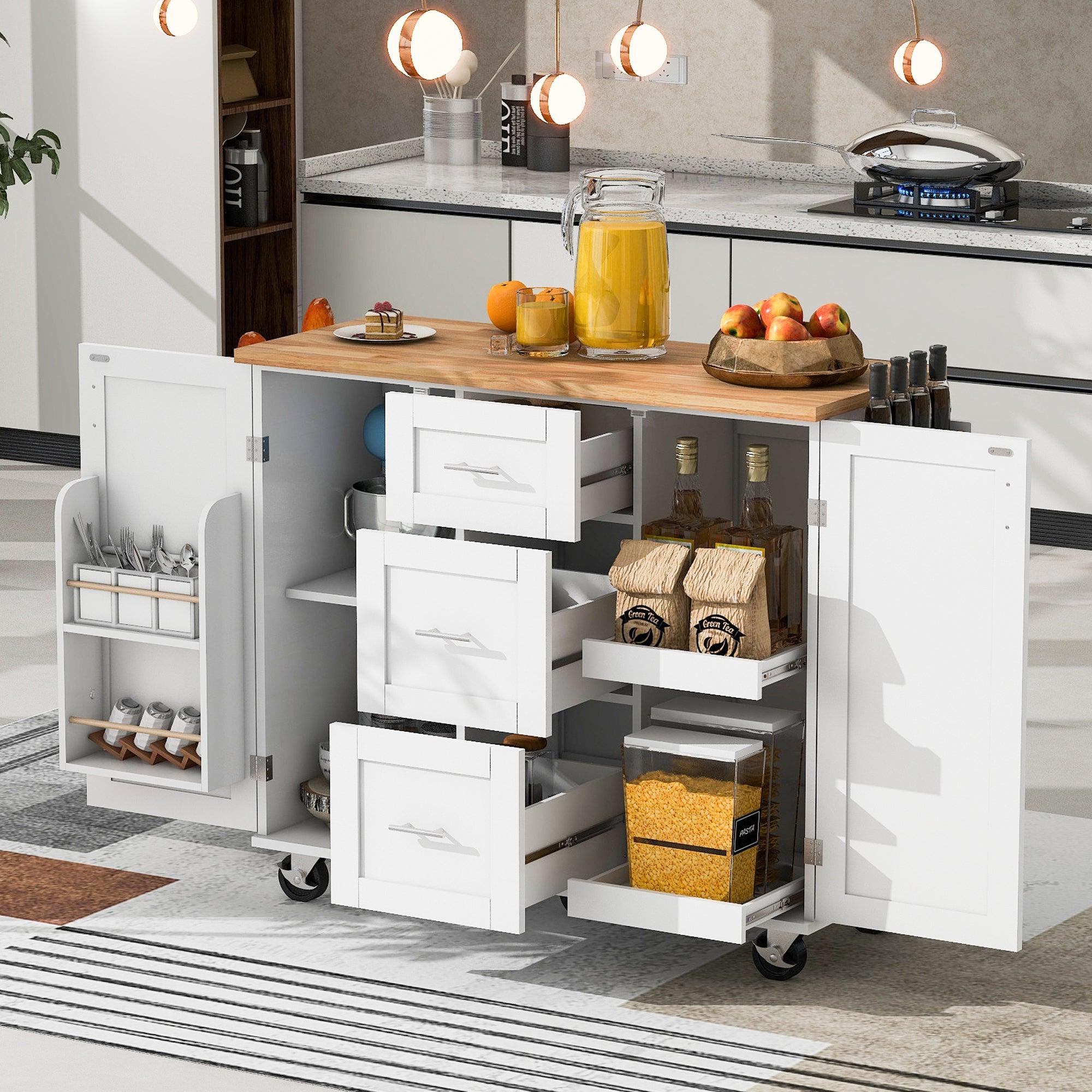 🆓🚛 Rolling Kitchen Island With Storage, Rubber Wood Top, 3 Drawer, 2 Slide-Out Shelf & Internal Storage Rack, Spice Rack & Tower Rack, White